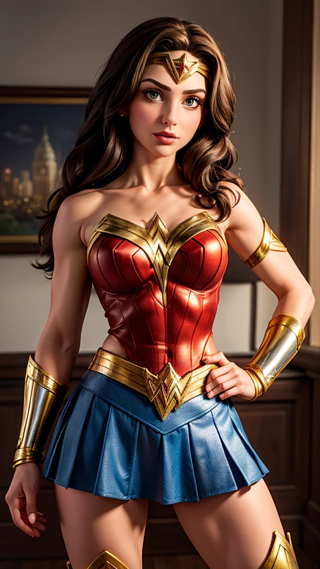 UHD, masterpiece, ccurate, anatomically correct, super detail, high details, high quality, best quality, 8k, highres. The heroine Wonder Woman looks beautiful in a full-length photo. Brown eyes and long black hair transform her into a goddess of beauty. Wonder Woman's outfit consists of a red, blue, and gold costume. The costume includes a red top with gold details, a blue star-spangled skirt, red boots with gold details, gold bracelets, a gold belt, and a tiara with a red star. She looks very sexy, drawing attention to her muscular body.