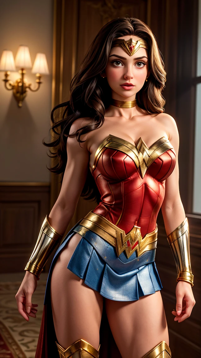 UHD, masterpiece, ccurate, anatomically correct, super detail, high details, high quality, best quality, 8k, highres. The heroine Wonder Woman looks beautiful in a full-length photo. Brown eyes and long black hair transform her into a goddess of beauty. Wonder Woman's outfit consists of a red, blue, and gold costume. The costume includes a red top with gold details, a blue star-spangled skirt, red boots with gold details, gold bracelets, a gold belt, and a tiara with a red star. She looks very sexy, drawing attention to her muscular body.