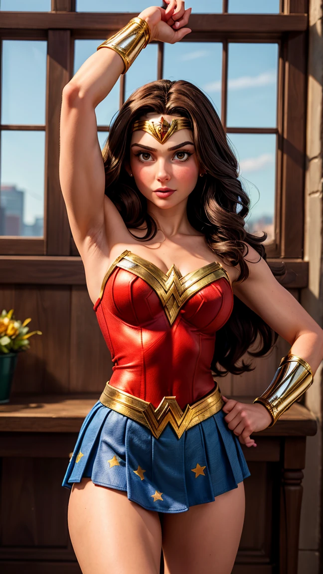 UHD, masterpiece, ccurate, anatomically correct, super detail, high details, high quality, best quality, 8k, highres. The heroine Wonder Woman looks beautiful in a full-length photo. Brown eyes and long black hair transform her into a goddess of beauty. Wonder Woman's outfit consists of a red, blue, and gold costume. The costume includes a red top with gold details, a blue star-spangled skirt, red boots with gold details, gold bracelets, a gold belt, and a tiara with a red star. She looks very sexy, drawing attention to her muscular body.