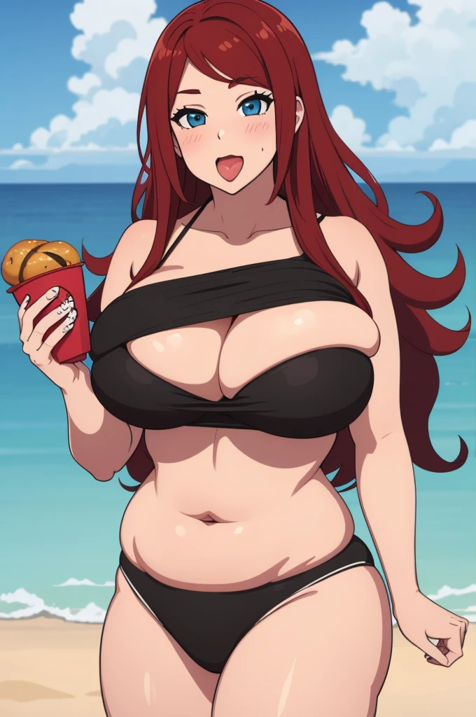 make redhaired ssbbw fat girl and she eating more all fastfood in ripped bikini on beach