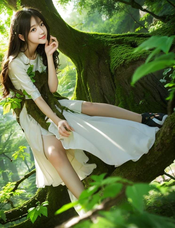 masterpiece,sit、 highest quality, 1 Dryad、The body is slim、、exceptionally detailed anatomy, Leaf clothes、Leaves of the head,,,,,,、smile、Lovely, Emotional, Charm, Fascinating、Giant Tree々、Branch Corridor、world Tree、Fantasy、The body is slim、、(((Fine and beautiful face)))、Beautiful Eyes、17 years old、Tree Spirit、Deep in the forest、nymphis 、Saiei、Dynamic Angle