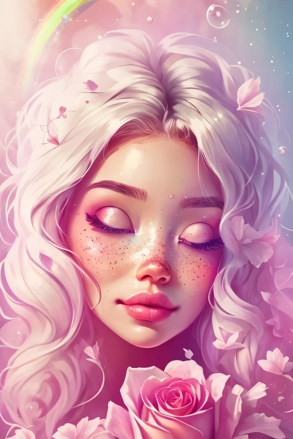 (This is a beautiful rainbow fantasy image that feels interesting and emphasizes glitter and iridescence.) Generate a ((blind)) curvy woman with colorful curly hair and milky white eyes. Her face is important and is perfectly formed with puffy lips and perfect features. (Her eyes are critically important and are (blank) and (solid white)). The image exudes ethereal beauty and soft fantasy. Include sweet and detailed birds and soft, luminous flowers in all the colors of the rainbow. The image's background is decorated in shades of pink, shimmer, glitter, and fantasy details like colored bubbles and cosmos. Utilize dynamic composition to create a compelling and action-packed image. Dramatic lighting and cinematic lighting enhance the woman's beauty and the soft colors in the artwork. (((((Perspective: head on.))))) Include fantasy, cute, colorful, colourful, interesting magic background, ((((blank eyes)))), ((((empty white eyes)))), (shirome eyes:1.3), (smirking), (perfectly rendered solid whiteeyes), ((birthmark on lip)), ((pretty lips)), beautiful background, complex background, sweet background, (((rainbow))), subtle freckles, natural freckles, Surround her with eternal roses in shimmering shades. Add whimsical details like stars, bubbles, and glitter for an enchanting touch. Ensure perfection in her face, hair, and eyes. Incorporate elements of high fantasy, whimsy, and detailed elegance. English rose, princess, courtesan, noblewoman, sweet, lovely, calm, lovely, shimmering, glimmering, glittering, astrological fantasy, (((masterpiece))), (highest quality), magic rose, fantasy garden, beautiful face, perfect face, puffy lips, interesting, shy smile, fantasy elements, magic rose, beautiful eyes, perfect puffy lips, jewel tones, luminosity