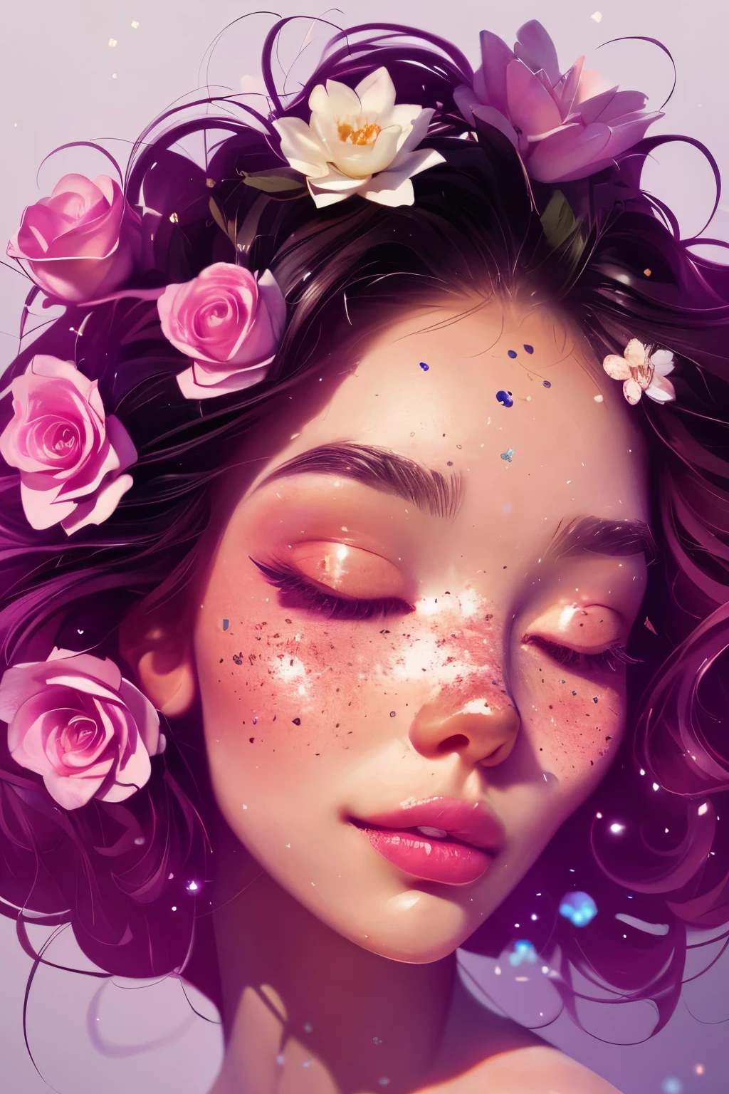 (This is a beautiful rainbow fantasy image that feels interesting and emphasizes glitter and iridescence.) Generate a ((blind)) curvy woman with colorful curly hair and milky white eyes. Her face is important and is perfectly formed with puffy lips and perfect features. (Her eyes are critically important and are (blank) and (solid white)). The image exudes ethereal beauty and soft fantasy. Include sweet and detailed birds and soft, luminous flowers in all the colors of the rainbow. The image's background is decorated in shades of pink, shimmer, glitter, and fantasy details like colored bubbles and cosmos. Utilize dynamic composition to create a compelling and action-packed image. Dramatic lighting and cinematic lighting enhance the woman's beauty and the soft colors in the artwork. (((((Perspective: head on.))))) Include fantasy, cute, colorful, colourful, interesting magic background, ((((blank eyes)))), ((((empty white eyes)))), (shirome eyes:1.3), (smirking), (perfectly rendered solid whiteeyes), ((birthmark on lip)), ((pretty lips)), beautiful background, complex background, sweet background, (((rainbow))), subtle freckles, natural freckles, Surround her with eternal roses in shimmering shades. Add whimsical details like stars, bubbles, and glitter for an enchanting touch. Ensure perfection in her face, hair, and eyes. Incorporate elements of high fantasy, whimsy, and detailed elegance. English rose, princess, courtesan, noblewoman, sweet, lovely, calm, lovely, shimmering, glimmering, glittering, astrological fantasy, (((masterpiece))), (highest quality), magic rose, fantasy garden, beautiful face, perfect face, puffy lips, interesting, shy smile, fantasy elements, magic rose, beautiful eyes, perfect puffy lips, jewel tones, luminosity