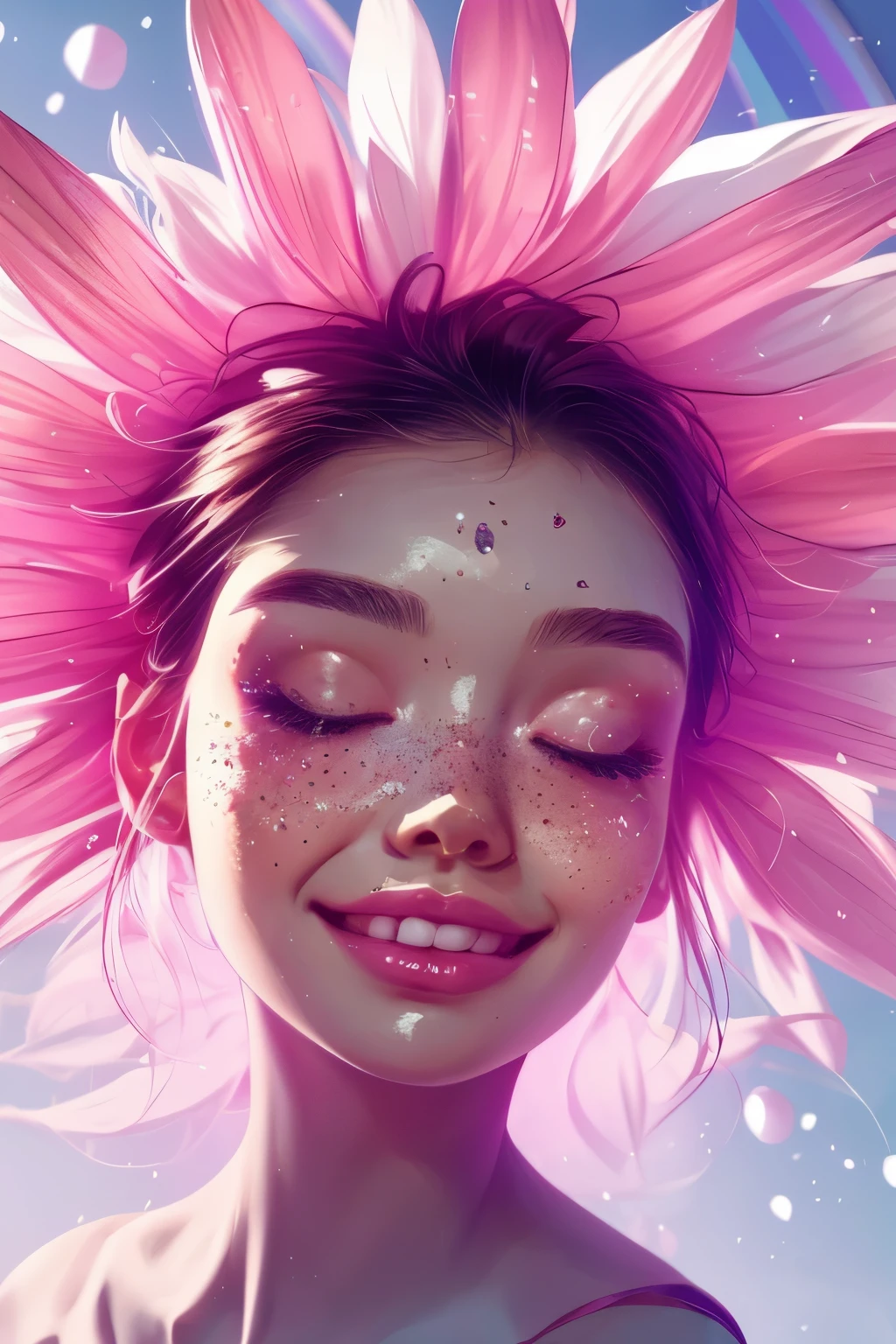(This is a beautiful rainbow fantasy image that feels interesting and emphasizes glitter and iridescence.) Generate a ((blind)) curvy woman with colorful curly hair and milky white eyes. Her face is important and is perfectly formed with puffy lips and perfect features. (Her eyes are critically important and are (blank) and (solid white)). The image exudes ethereal beauty and soft fantasy. Include sweet and detailed birds and soft, luminous flowers in all the colors of the rainbow. The image's background is decorated in shades of pink, shimmer, glitter, and fantasy details like colored bubbles and cosmos. Utilize dynamic composition to create a compelling and action-packed image. Dramatic lighting and cinematic lighting enhance the woman's beauty and the soft colors in the artwork. (((((Perspective: head on.))))) Include fantasy, cute, colorful, colourful, interesting magic background, ((((blank eyes)))), ((((empty white eyes)))), (shirome eyes:1.3), (smirking), (perfectly rendered solid whiteeyes), ((birthmark on lip)), ((pretty lips)), beautiful background, complex background, sweet background, (((rainbow))), subtle freckles, natural freckles, Surround her with eternal roses in shimmering shades. Add whimsical details like stars, bubbles, and glitter for an enchanting touch. Ensure perfection in her face, hair, and eyes. Incorporate elements of high fantasy, whimsy, and detailed elegance. English rose, princess, courtesan, noblewoman, sweet, lovely, calm, lovely, shimmering, glimmering, glittering, astrological fantasy, (((masterpiece))), (highest quality), magic rose, fantasy garden, beautiful face, perfect face, puffy lips, interesting, shy smile, fantasy elements, magic rose, beautiful eyes, perfect puffy lips, jewel tones, luminosity
