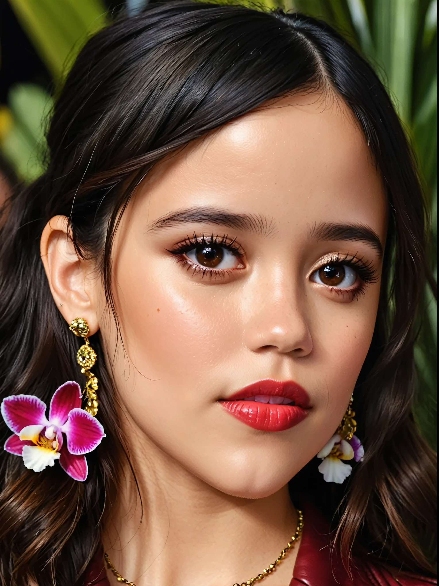 a close-up of a woman looks like Jenna Ortega wearing a floral dress and earrings, ihr Gesicht sieht aus wie eine Orchidee, beautiful latina face, nach unten geneigte Augen, size, strong, dicke Augenbrauen, schwarze Haare und detailed Augen, in photorealistic style, girl, long brown wave hair, brown eyes, red lips, leather pants and a brown leather jacket, standing in a Roman town marketplace, perfect make-up,