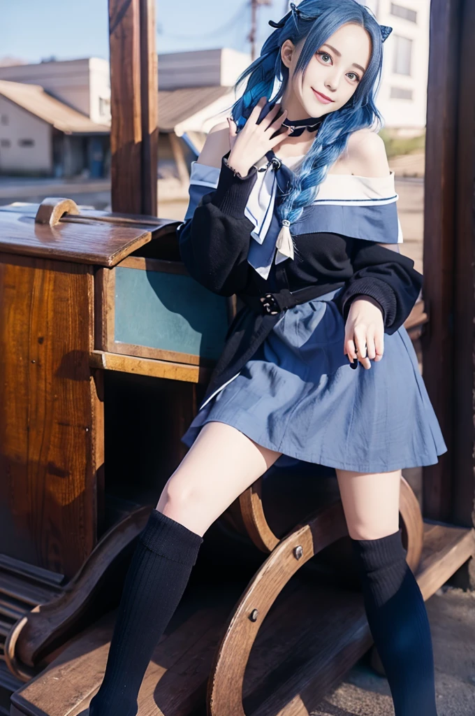 (Best image quality，Anime Style：1.5)，Mature Beauty，Wide forehead，Off-the-shoulder outfit，Wide coat，Blue Hair，Blue colored eyes，Shining Eyes，Black knee-high socks，Flesh，Twisted Braid，I pursed my lips and smiled，Classroom Background，blackboard