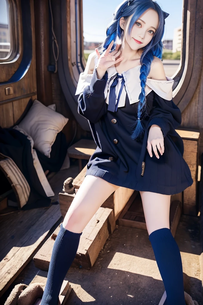 (Best image quality,Anime Style:1.5),Mature Beauty,Wide forehead,Off-the-shoulder outfit,Wide coat,Blue Hair,Blue colored eyes,Shining Eyes,Black knee-high socks,Flesh,Twisted Braid,I pursed my lips and smiled,Classroom Background,blackboard
