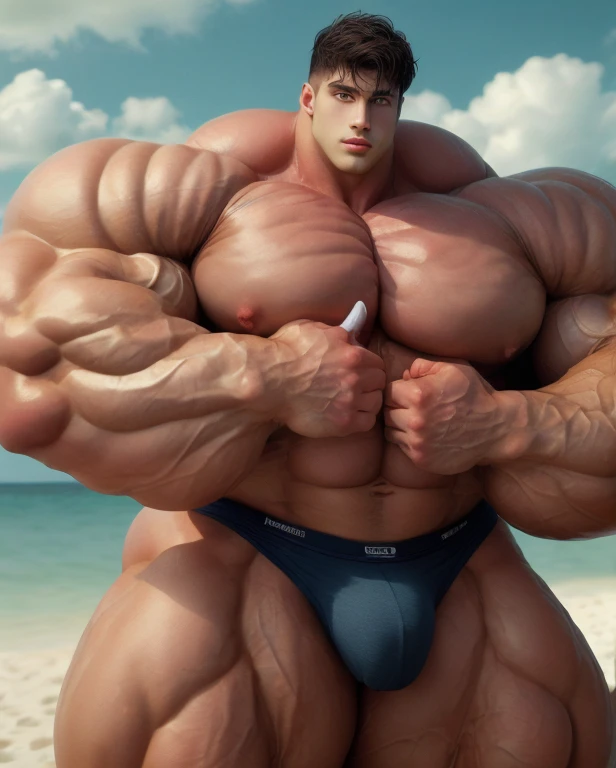 1 man, giant, buzz haircut, model shoot style, looking at camera, standing, sexy, cool ambiance, outdoor, commercial photoshoot, large ocean, strong body, bulk, naked, black triangular wet underwear, prominent bulge trunks, big, brutalmass, giant, muscular body, bulk, massive body, large meaty body size, brown skin, huge arms, ballooning meaty chests