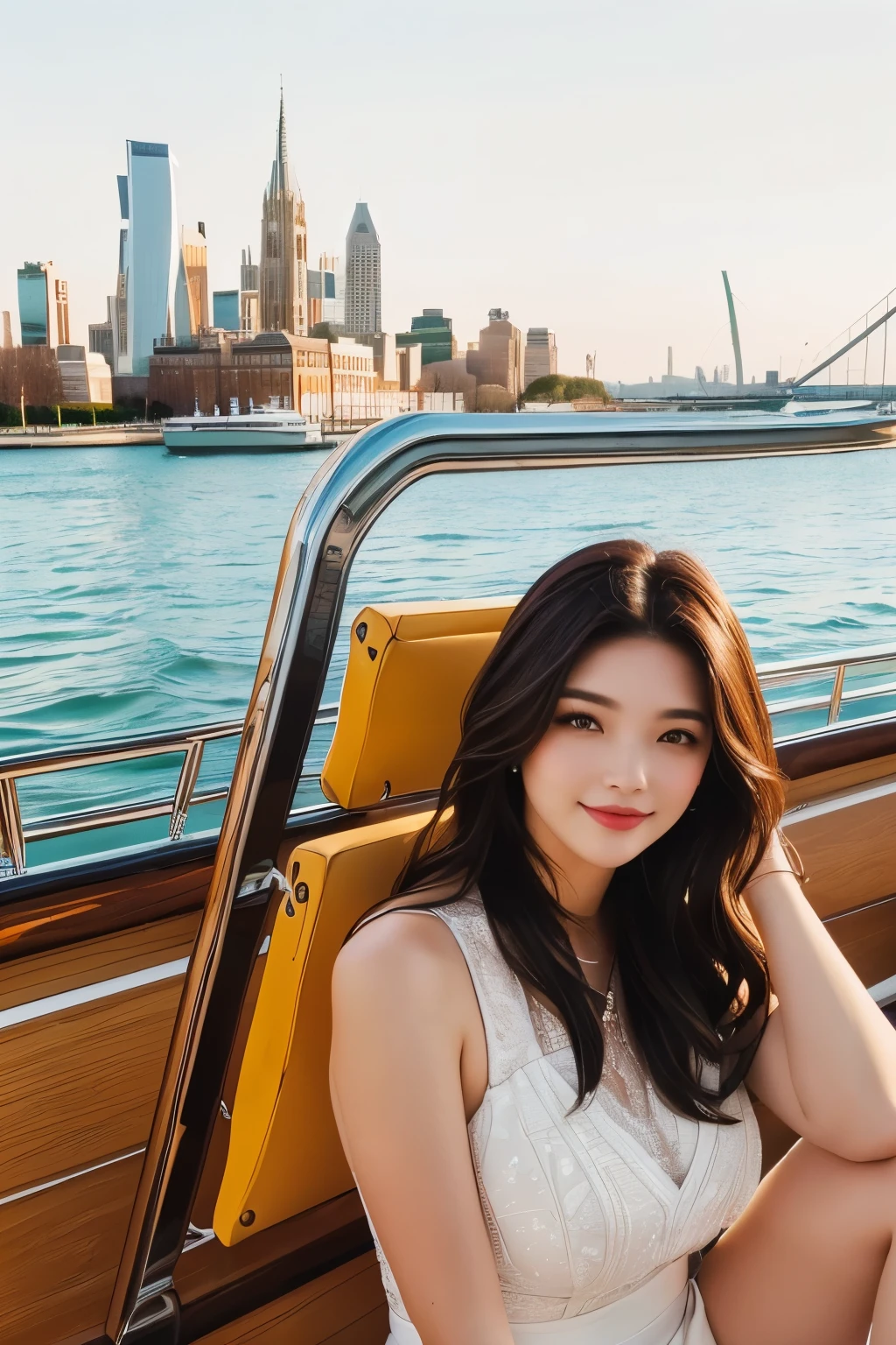 Beautiful woman sitting on a boat with the city in the background, take a boat,