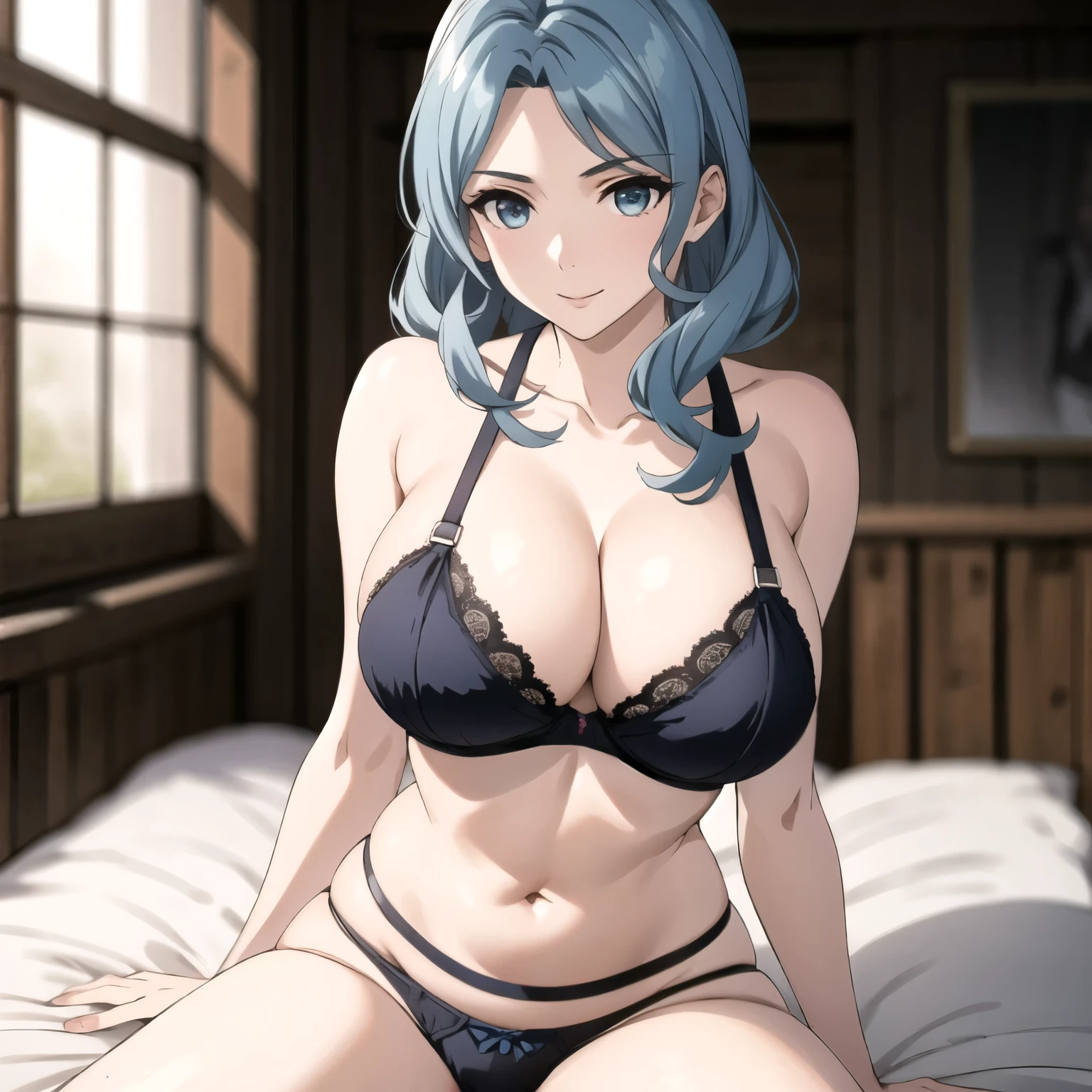 1 sola chica, atractiva mujer. cabello celeste con una trenzada, una joya en su frente,, ojos celestes detallados, sonrisa coqueta,, pale skin, pechos grandes, sexy blue bra and panties, esta sola sobre una cama pose provocativa, mujer sola. joya azul en su frente