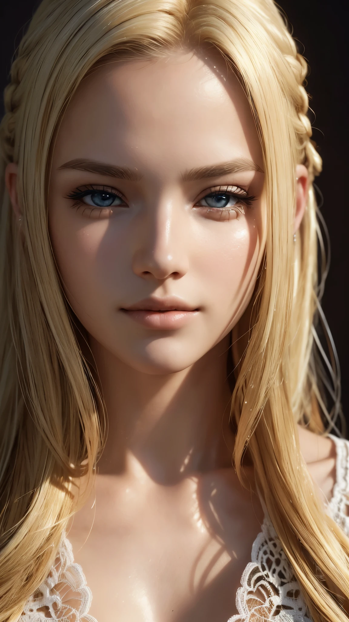 ((best quality)), ((ultra res)), ((photorealistic:1.4)), (intricate details), 19 years old, blonde hair, perfect face, make up:1.5, light on face, face detail.
