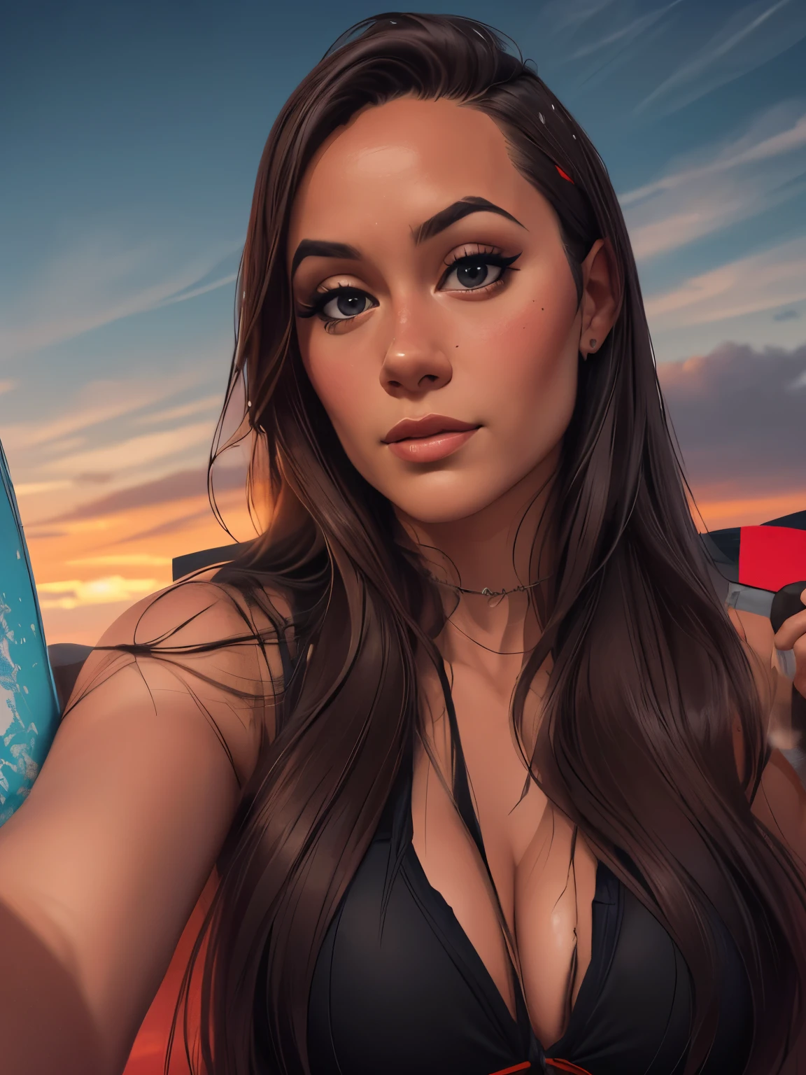 Cores planas, fechar-se, portrait of a 25 year old surfer looking girl, pele bronzeada, cabelo preto de praia salgado, beleza natural, Obra de arte, altamente detalhado,
digital illustration style, design de personagens altamente detalhado, arte digital detalhada fofa, City fan art, ((([fundo cinza simples])))