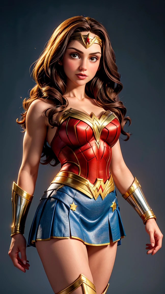 UHD, masterpiece, ccurate, anatomically correct, super detail, high details, high quality, best quality, 8k, highres. The heroine Wonder Woman looks beautiful in a full-length photo. Brown eyes and long black hair transform her into a goddess of beauty. Wonder Woman's outfit consists of a red, blue, and gold costume. The costume includes a red top with gold details, a blue star-spangled skirt, red boots with gold details, gold bracelets, a gold belt, and a tiara with a red star. She looks very sexy, drawing attention to her big breasts and muscular body.