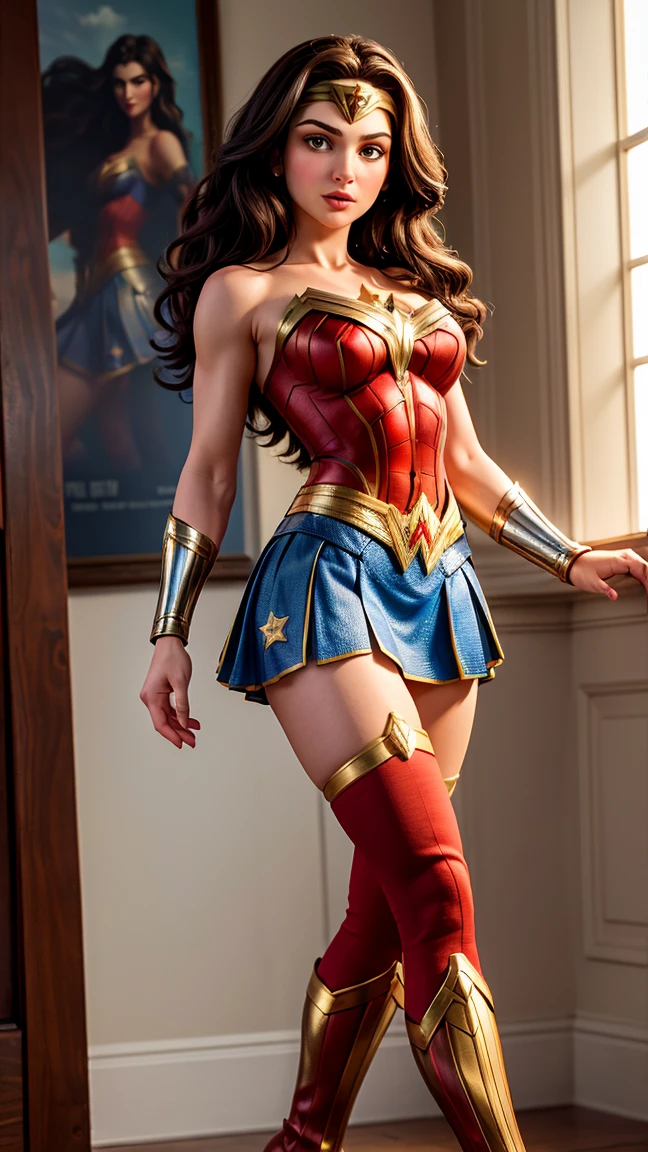 UHD, masterpiece, ccurate, anatomically correct, super detail, high details, high quality, best quality, 8k, highres. The heroine Wonder Woman looks beautiful in a full-length photo. Brown eyes and long black hair transform her into a goddess of beauty. Wonder Woman's outfit consists of a red, blue, and gold costume. The costume includes a red top with gold details, a blue star-spangled skirt, red boots with gold details, gold bracelets, a gold belt, and a tiara with a red star. She looks very sexy, drawing attention to her big breasts and muscular body.