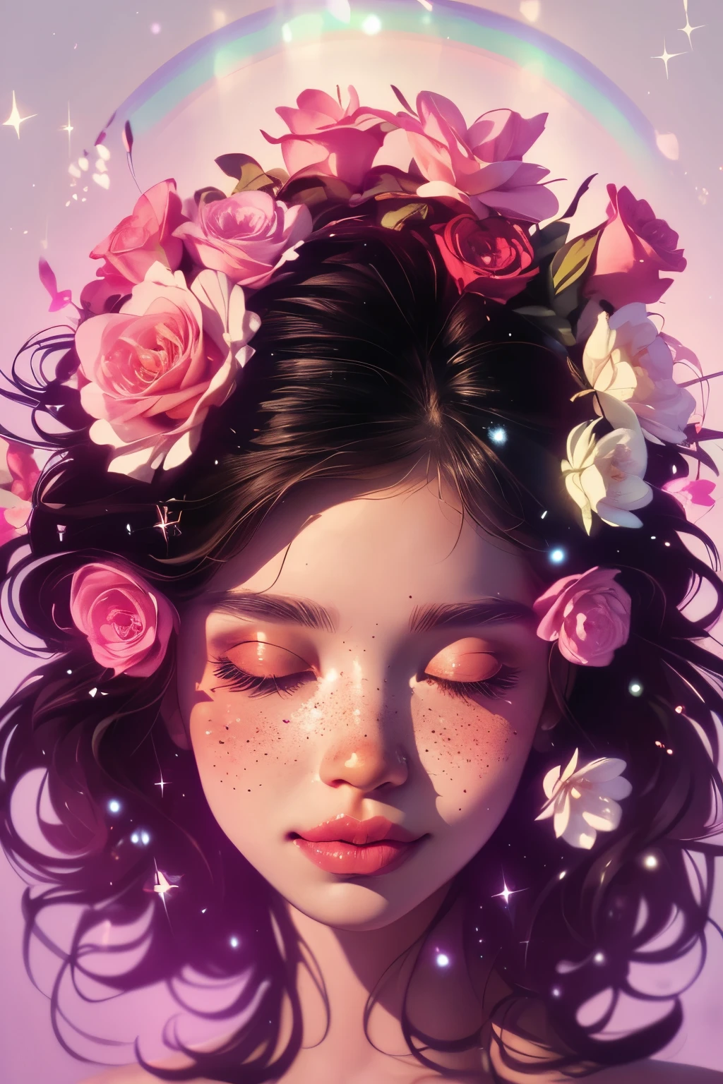 (This is a beautiful rainbow fantasy image that feels interesting and emphasizes glitter and iridescence.) Generate a ((blind)) curvy woman with colorful curly hair and milky white eyes. Her face is important and is perfectly formed with puffy lips and perfect features. (Her eyes are critically important and are (blank) and (solid white)). The image exudes ethereal beauty and soft fantasy. Include sweet and detailed birds and soft, luminous flowers in all the colors of the rainbow. The image's background is decorated in shades of pink, shimmer, glitter, and fantasy details like colored bubbles and cosmos. Utilize dynamic composition to create a compelling and action-packed image. Dramatic lighting and cinematic lighting enhance the woman's beauty and the soft colors in the artwork. (((((Perspective: head on.))))) Include fantasy, cute, colorful, colourful, interesting magic background, ((((blank eyes)))), ((((empty white eyes)))), (shirome eyes:1.3), (smirking), (perfectly rendered solid whiteeyes), ((birthmark on lip)), ((pretty lips)), beautiful background, complex background, sweet background, (((rainbow))), subtle freckles, natural freckles, Surround her with eternal roses in shimmering shades. Add whimsical details like stars, bubbles, and glitter for an enchanting touch. Ensure perfection in her face, hair, and eyes. Incorporate elements of high fantasy, whimsy, and detailed elegance. English rose, princess, courtesan, noblewoman, sweet, lovely, calm, lovely, shimmering, glimmering, glittering, astrological fantasy, (((masterpiece))), (highest quality), magic rose, fantasy garden, beautiful face, perfect face, puffy lips, interesting, shy smile, fantasy elements, magic rose, beautiful eyes, perfect puffy lips, jewel tones, luminosity