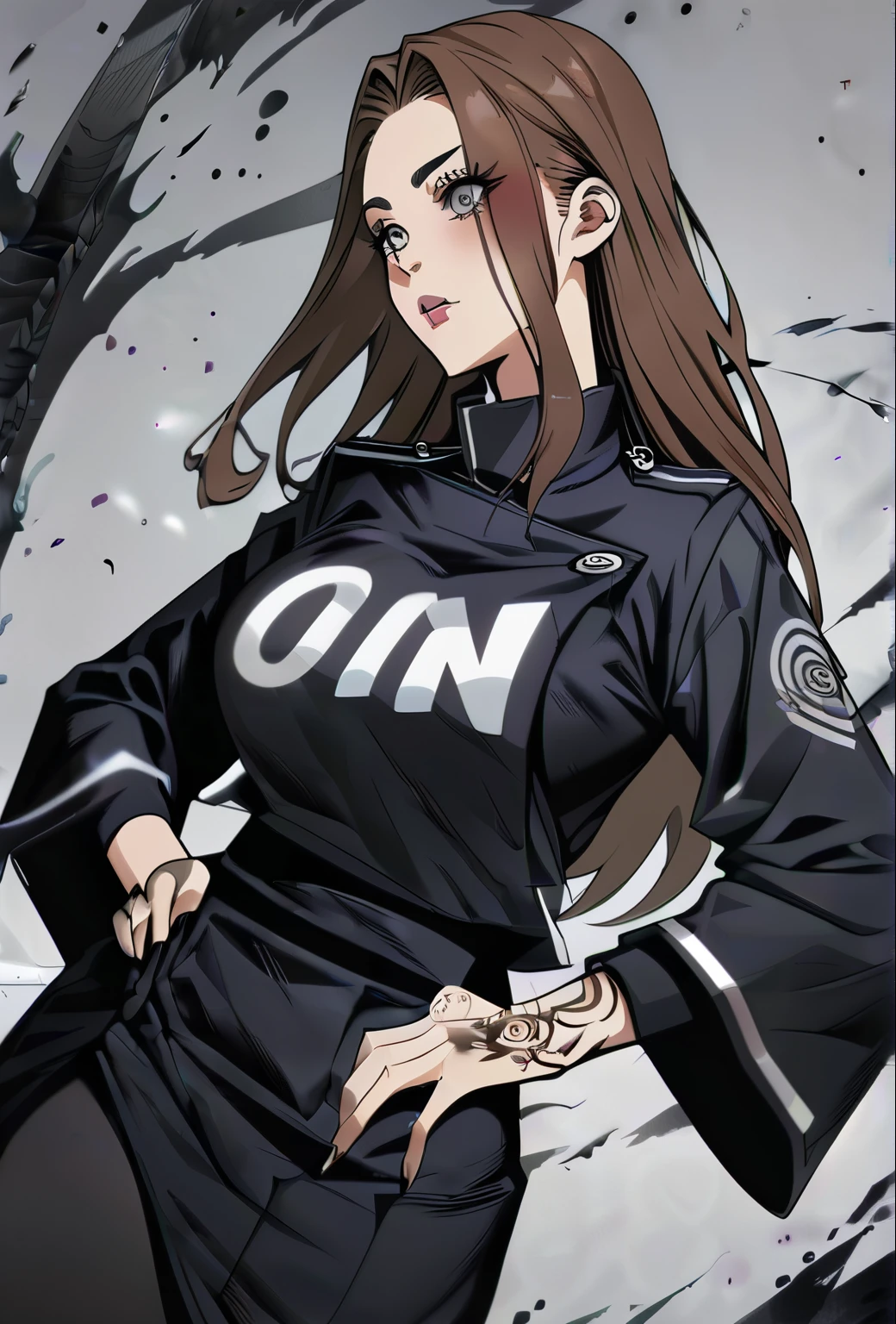 ultra detallado, high resolution, jujutsu Kaisen style 18 year old girl , hermosa , medium long brown hair , dark gray eyes , con uniforme de jujutsu Tech , tatuajes , junto a gojo satoru