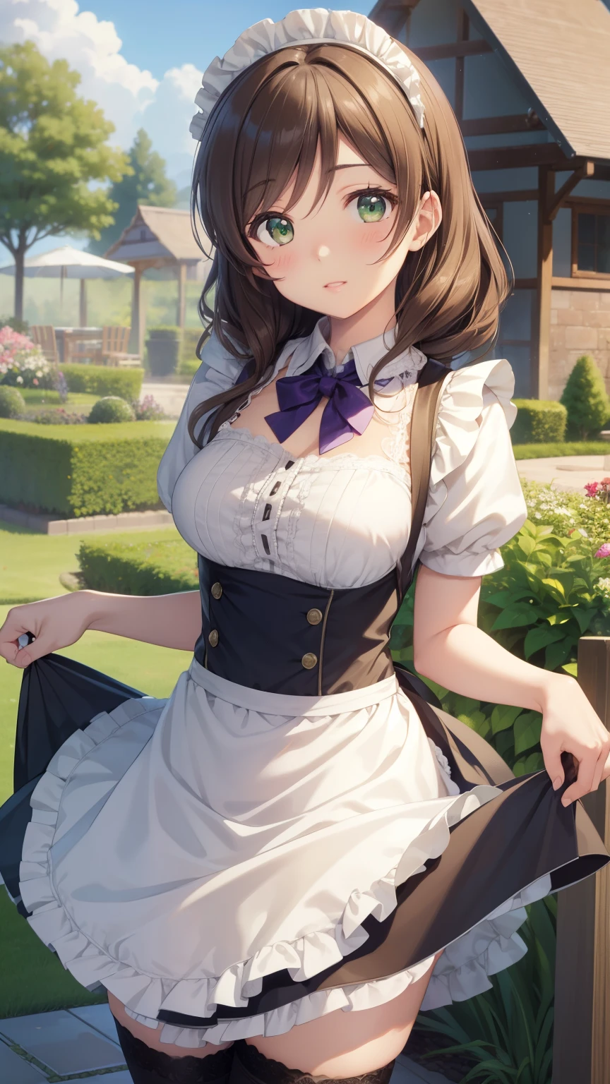 nozomitoujou, nozomi toujou, green eyes, brown hair, curly hair, large breasts, masterpiece, best quality, high resolution, beautiful detailed eyes, extremely detailed face, good lighting, detailed CG, messy hair, garden, glossy lips, maid, short puffy sleeves, small maid apron, thigh highs