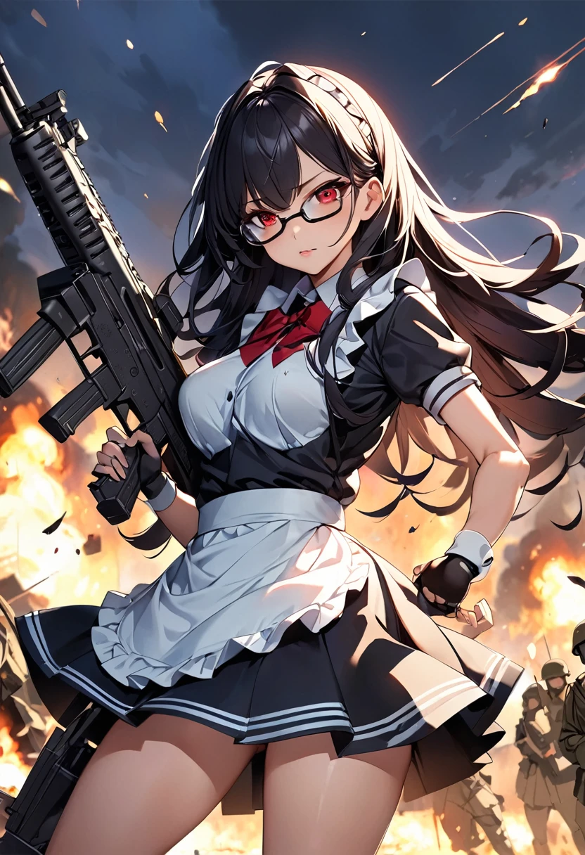 masterpiece、highest quality、Ultra-high resolution、Maximum resolution、Very detailed、Professional Lighting、anime、woman、thin、so beautiful、high school girl、Maid clothes、Has an assault rifle、Red Eye、Black Hair、long hair、Fingerless gloves、Equipped with shooting glasses、Alone on the battlefield、Holding a gun in a bold pose、shooting、