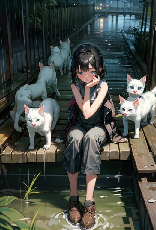 The best of Masterpiece, Improved quality, High quality, Good anatomy, Healthy body, Whole fingers, Normal digits, 16k quality image, Girl, beautiful girl, perfect body, full body, perfect girl, long or short black hair messy right, blue eyes, crying loudly, cry, tears, small breast, white sleeveless tank top, black jacket, mini pants, hard rain, wet clothes, wet body, hand closed her eyes, mouth expressions serious, in railway bridge on the canal, she sit in side bridge beside her there are cats and dogs