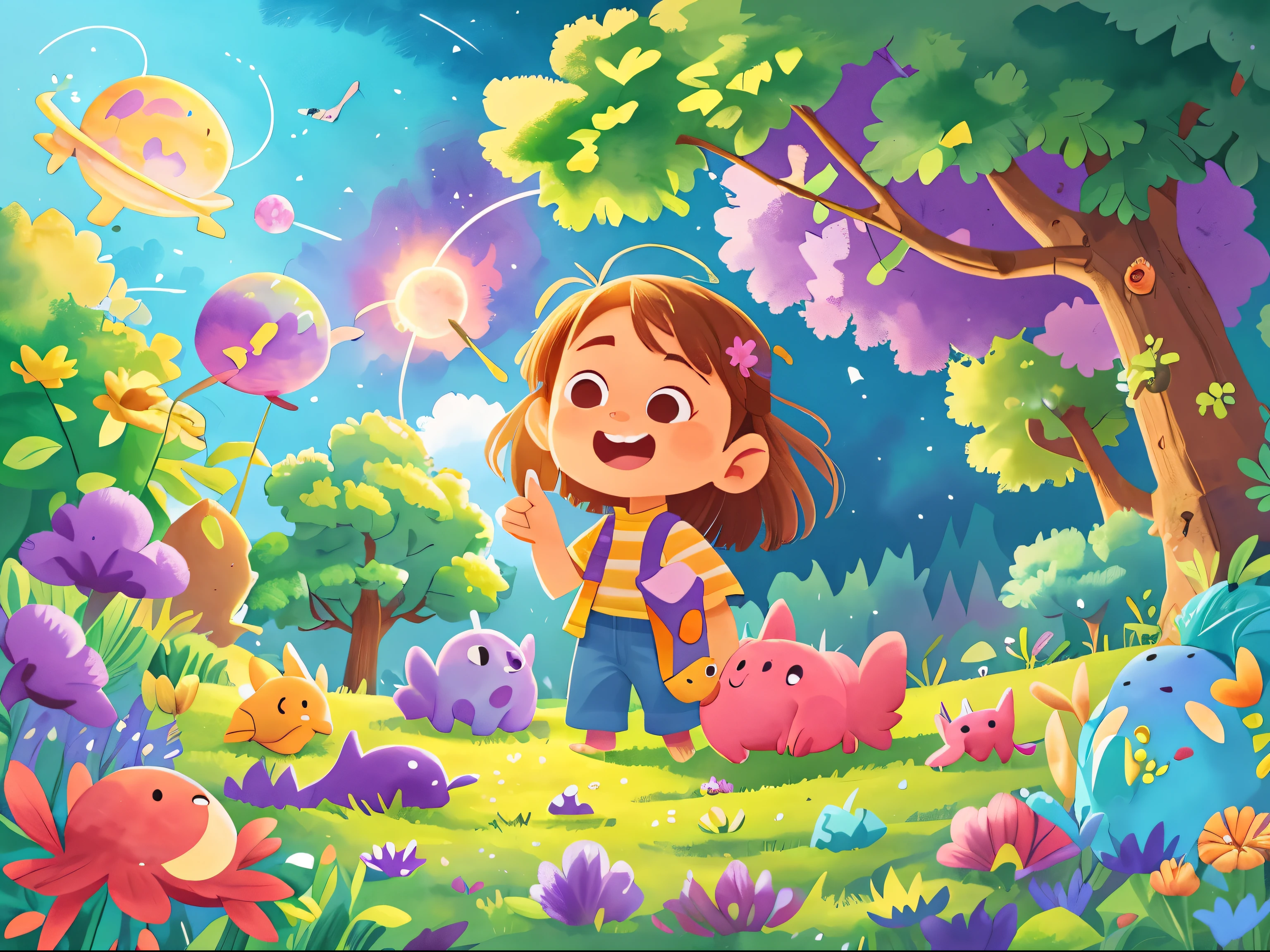 Create a whimsical watercolor illustration of a colorful planet that looks like it came straight out of a dream. The planet is a true spectacle of lights and shapes, with landscapes filled with vibrant, surreal features. A space ship, dynamic colors. The skies are painted with stunning auroras that reflect the diverse emotions of the inhabitants, filling the atmosphere with waves of pinks, blues, greens, and purples. Above, a starry sky adds to the magical ambiance, with stars twinkling in harmony with the auroras. The entire scene should evoke a sense of wonder, joy, and fantastical beauty, perfect for a children's book.