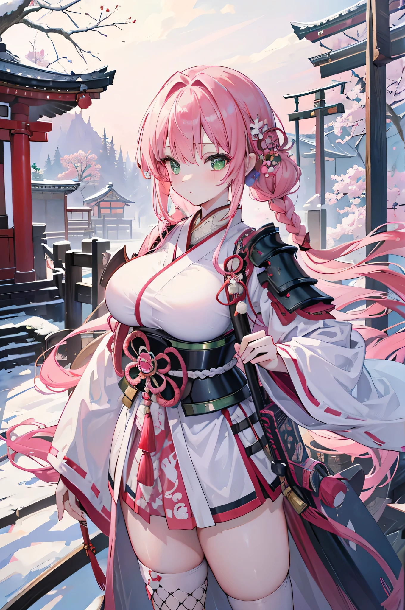 4k,High resolution,One Woman,Pink Hair,long hair,Braid,Green Eyes,Big Breasts,Shrine maiden,White Shrine maiden outfit,Detachable sleeve,White samurai armor,Full Armor,Heavy Armor,Black fishnet stockings,Jewelry decoration,Big Japan sword,Medieval village