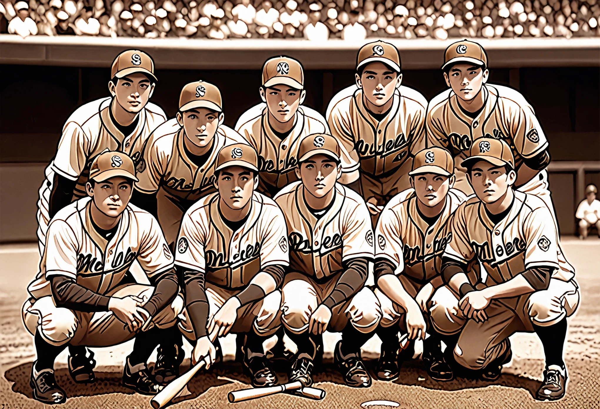 (8K, best quality, master piece: 1.2), super high resolution, ultra-detailed face, detailed eyes, A sepia-toned Group photo shows a 11 men baseball uniforms,wearing a baseball cap,squat,Holding a bat,wearing a baseball glove on his hand,ground