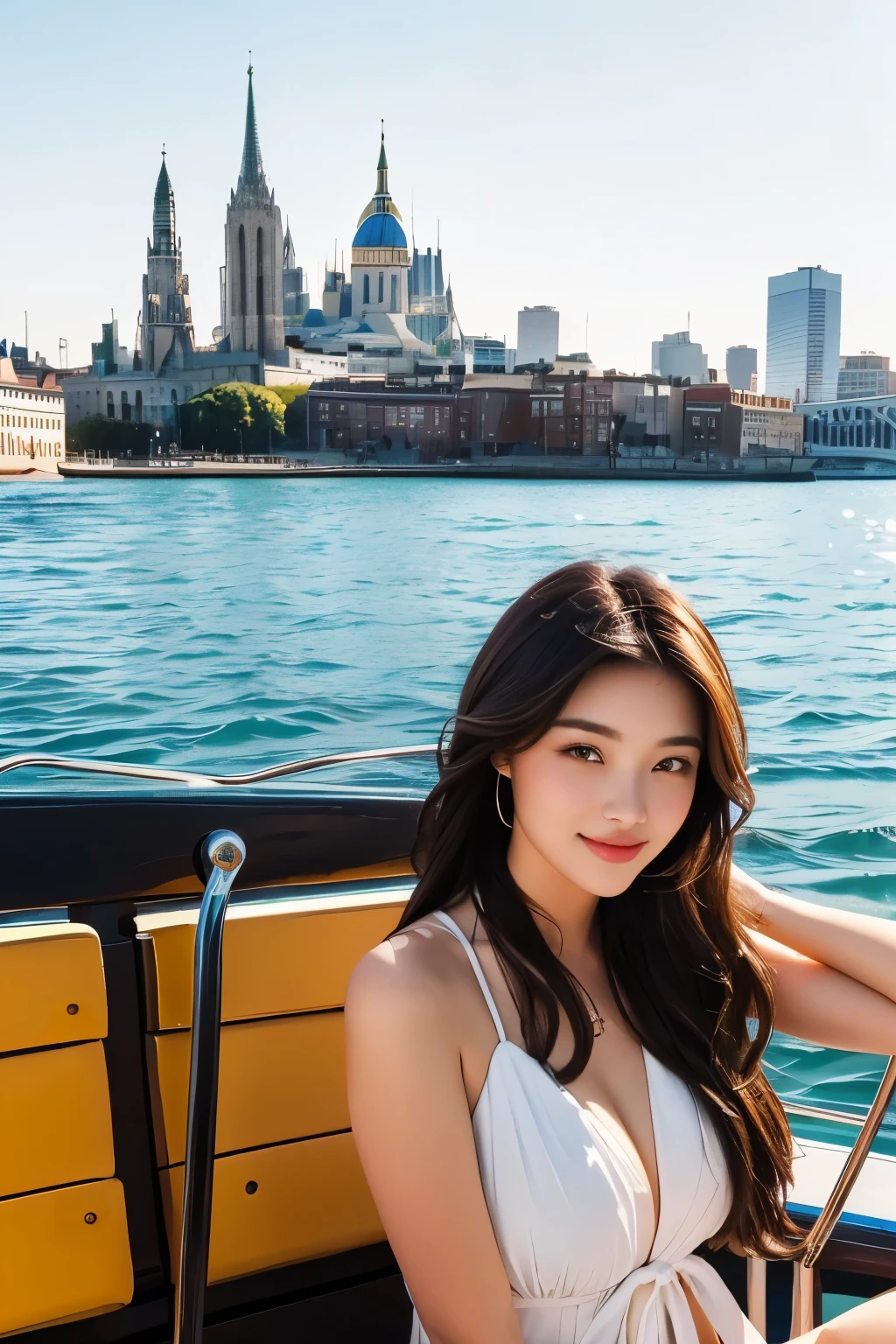 Beautiful woman sitting on a boat with the city in the background, take a boat, 