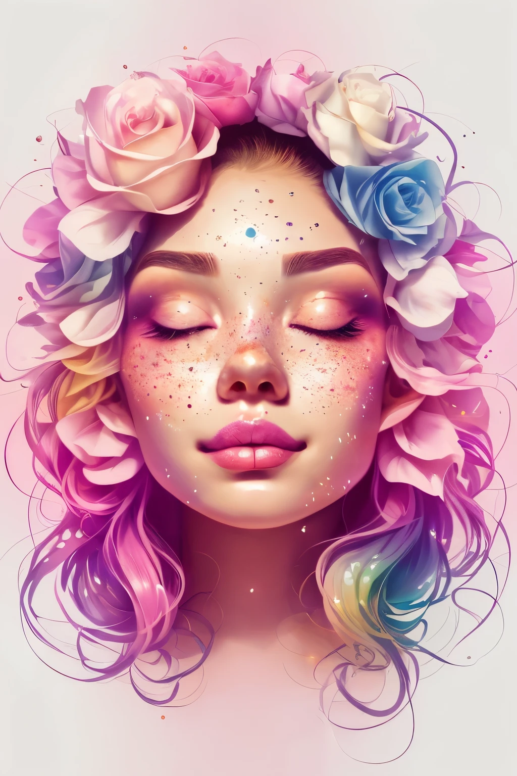 (This is a beautiful rainbow fantasy image that feels interesting and emphasizes glitter and iridescence.) Generate a ((blind)) curvy woman with colorful curly hair and milky white eyes. Her face is important and is perfectly formed with puffy lips and perfect features. (Her eyes are critically important and are (blank) and (solid white)). The image exudes ethereal beauty and soft fantasy. Include sweet and detailed birds and soft, luminous flowers in all the colors of the rainbow. The image's background is decorated in shades of pink, shimmer, glitter, and fantasy details like colored bubbles and cosmos. Utilize dynamic composition to create a compelling and action-packed image. Dramatic lighting and cinematic lighting enhance the woman's beauty and the soft colors in the artwork. (((((Perspective: head on.))))) Include fantasy, cute, colorful, colourful, interesting magic background, ((((blank eyes)))), ((((empty white eyes)))), (shirome eyes:1.3), (smirking), (perfectly rendered solid whiteeyes), ((birthmark on lip)), ((pretty lips)), beautiful background, complex background, sweet background, (((rainbow))), subtle freckles, natural freckles, Surround her with eternal roses in shimmering shades. Add whimsical details like stars, bubbles, and glitter for an enchanting touch. Ensure perfection in her face, hair, and eyes. Incorporate elements of high fantasy, whimsy, and detailed elegance. English rose, princess, courtesan, noblewoman, sweet, lovely, calm, lovely, shimmering, glimmering, glittering, astrological fantasy, (((masterpiece))), (highest quality), magic rose, fantasy garden, beautiful face, perfect face, puffy lips, interesting, shy smile, fantasy elements, magic rose, beautiful eyes, perfect puffy lips, jewel tones, luminosity