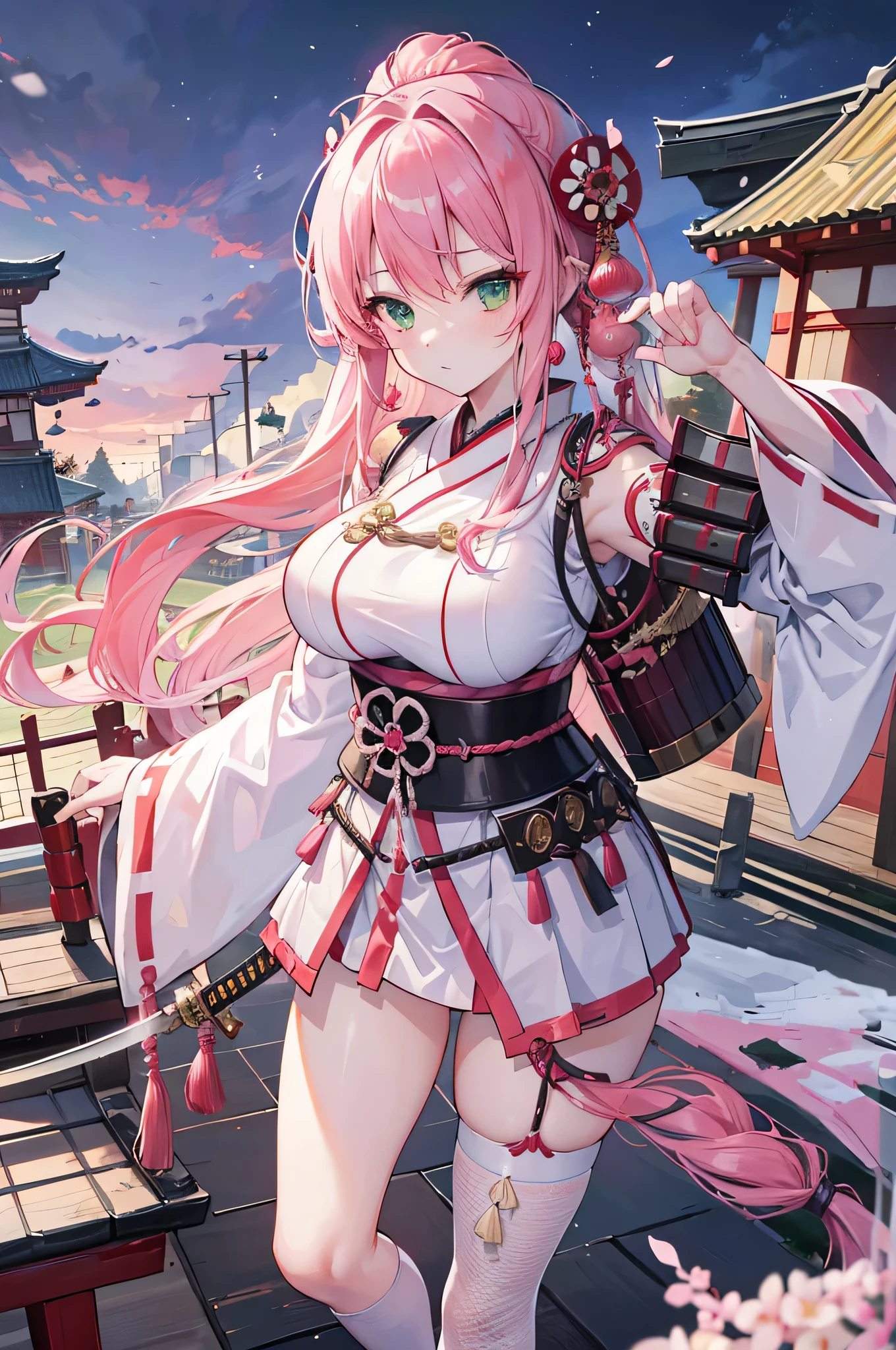 4k,High resolution,One Woman,Pink Hair,long hair,Braid,Green Eyes,Big Breasts,Shrine maiden,White Shrine maiden outfit,Detachable sleeve,White samurai armor,Full Armor,Heavy Armor,Black fishnet stockings,Jewelry decoration,Big Japan sword,Medieval village