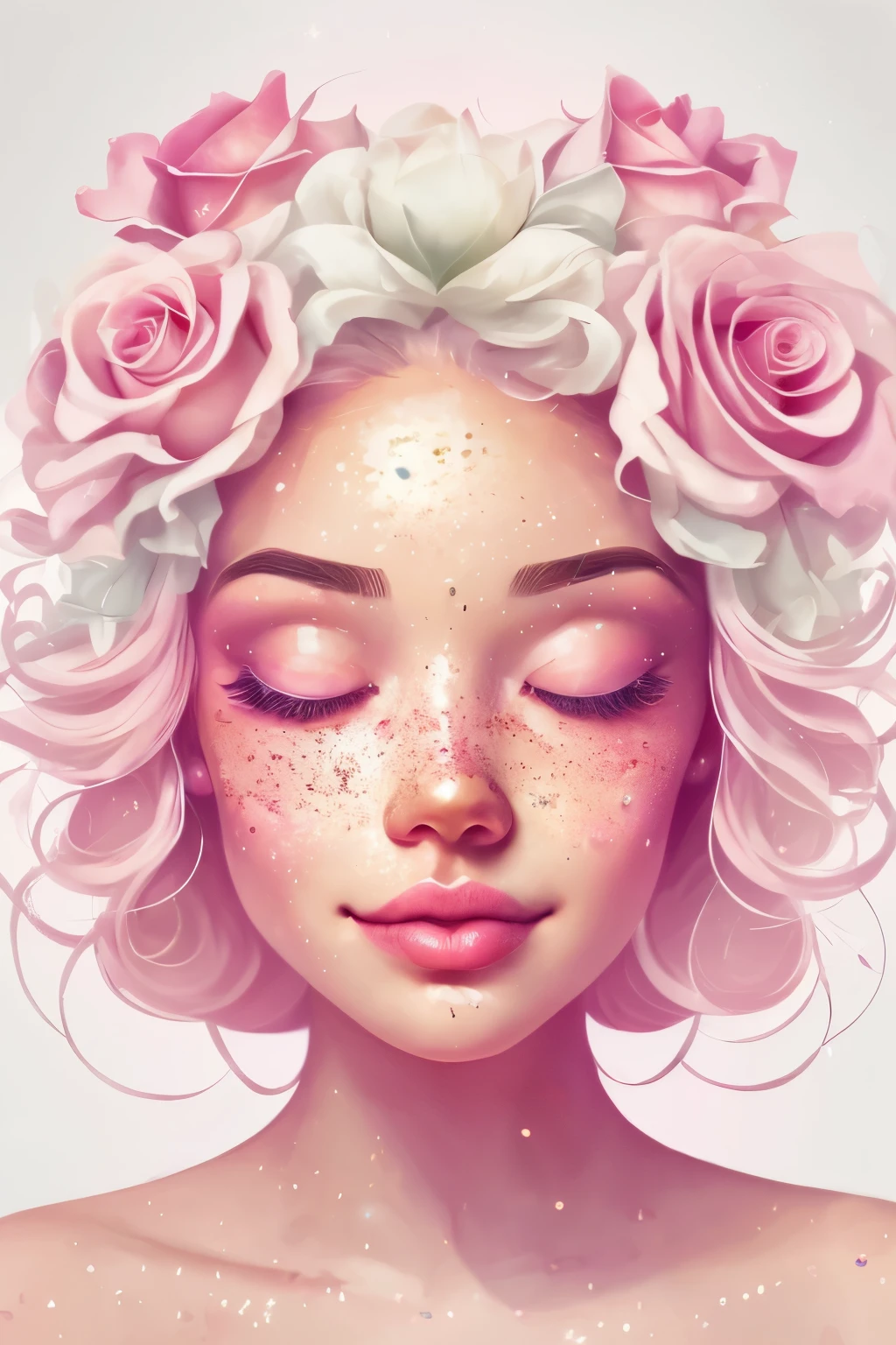 (This is a beautiful rainbow fantasy image that feels interesting and emphasizes glitter and iridescence.) Generate a ((blind)) curvy woman with colorful curly hair and milky white eyes. Her face is important and is perfectly formed with puffy lips and perfect features. (Her eyes are critically important and are (blank) and (solid white)). The image exudes ethereal beauty and soft fantasy. Include sweet and detailed birds and soft, luminous flowers in all the colors of the rainbow. The image's background is decorated in shades of pink, shimmer, glitter, and fantasy details like colored bubbles and cosmos. Utilize dynamic composition to create a compelling and action-packed image. Dramatic lighting and cinematic lighting enhance the woman's beauty and the soft colors in the artwork. (((((Perspective: head on.))))) Include fantasy, cute, colorful, colourful, interesting magic background, ((((blank eyes)))), ((((empty white eyes)))), (shirome eyes:1.3), (smirking), (perfectly rendered solid whiteeyes), ((birthmark on lip)), ((pretty lips)), beautiful background, complex background, sweet background, (((rainbow))), subtle freckles, natural freckles, Surround her with eternal roses in shimmering shades. Add whimsical details like stars, bubbles, and glitter for an enchanting touch. Ensure perfection in her face, hair, and eyes. Incorporate elements of high fantasy, whimsy, and detailed elegance. English rose, princess, courtesan, noblewoman, sweet, lovely, calm, lovely, shimmering, glimmering, glittering, astrological fantasy, (((masterpiece))), (highest quality), magic rose, fantasy garden, beautiful face, perfect face, puffy lips, interesting, shy smile, fantasy elements, magic rose, beautiful eyes, perfect puffy lips, jewel tones, luminosity