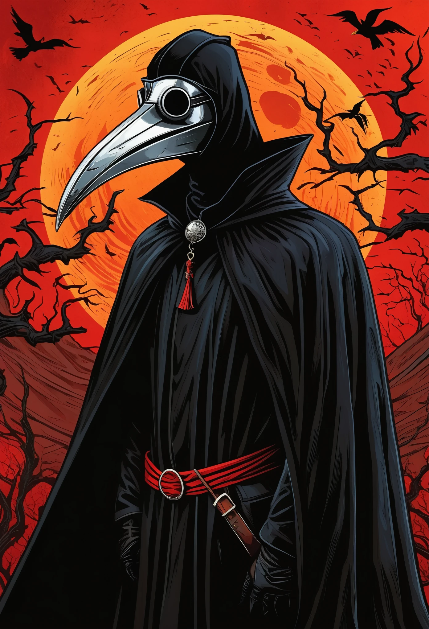 A mysterious plague doctor with long beak, wearing black robes and cape, stands against the backdrop of an ominous red sun in comic book style. The artwork is dark fantasy, filled with intricate details and textures that give it depth and realism. It's a digital painting that captures the essence of both horror and beauty, creating a captivating visual experience.