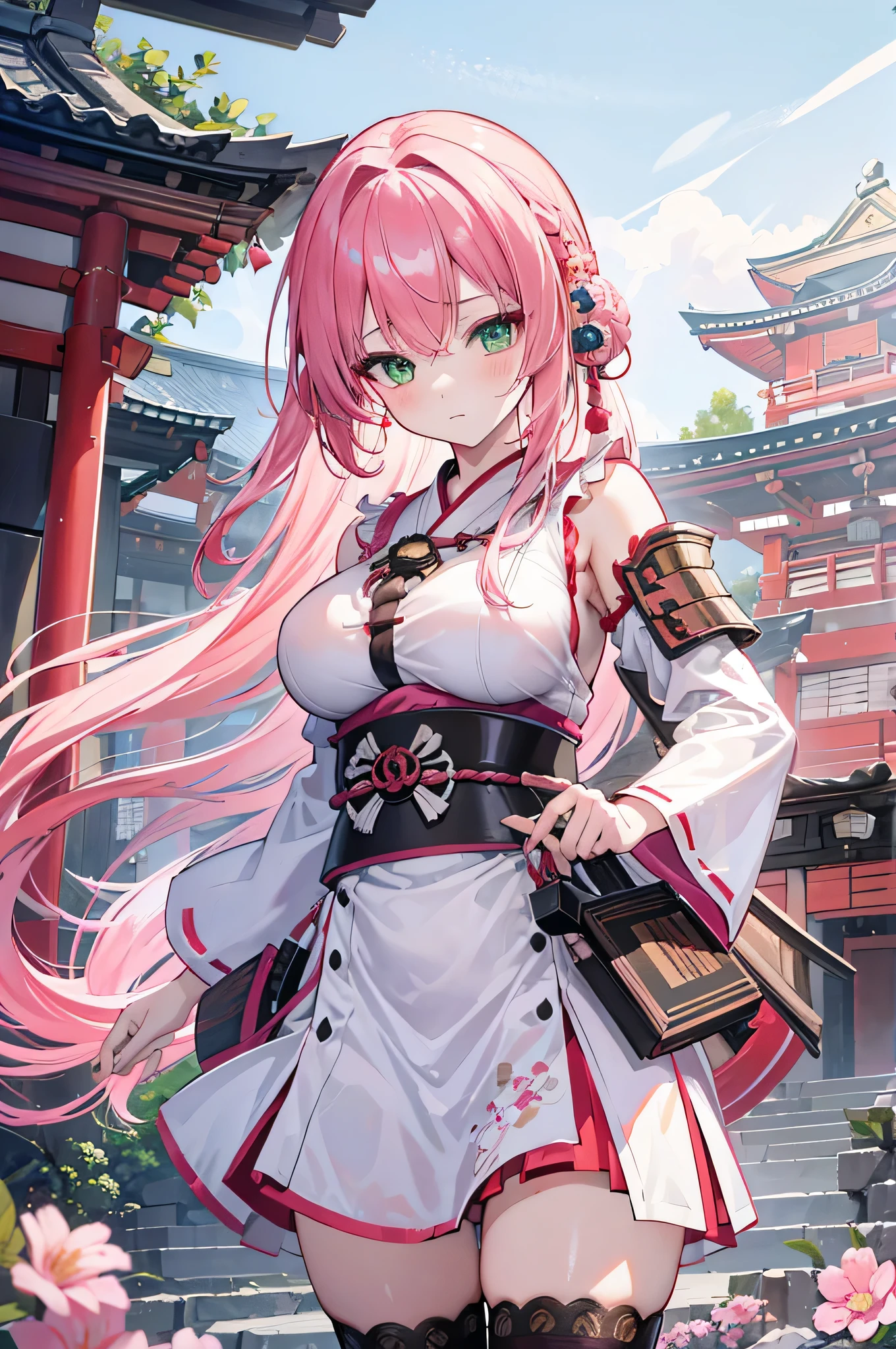 4k,High resolution,One Woman,Pink Hair,long hair,Braid,Green Eyes,Big Breasts,Shrine maiden,White Shrine maiden outfit,Detachable sleeve,White samurai armor,Full Armor,Heavy Armor,Black fishnet stockings,Jewelry decoration,Big Japan sword,Medieval village
