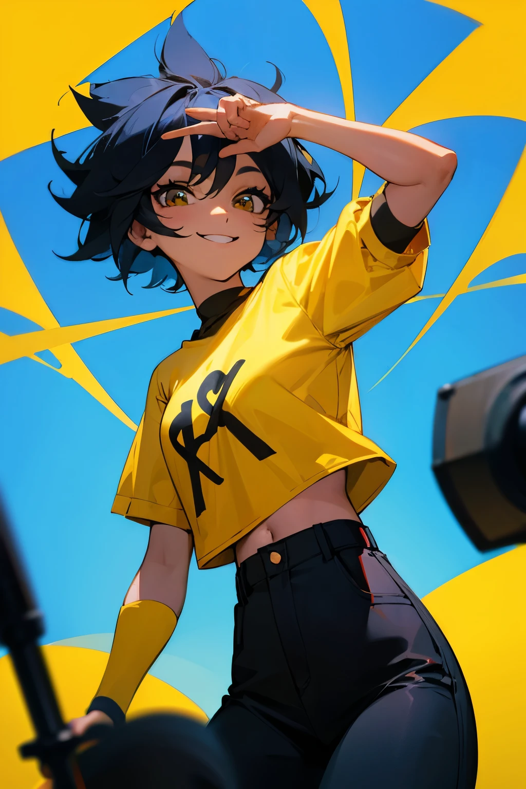 chica de pelo negro ,ojos azules , alta , yellow shirt and black pants , with a microphone while smiling