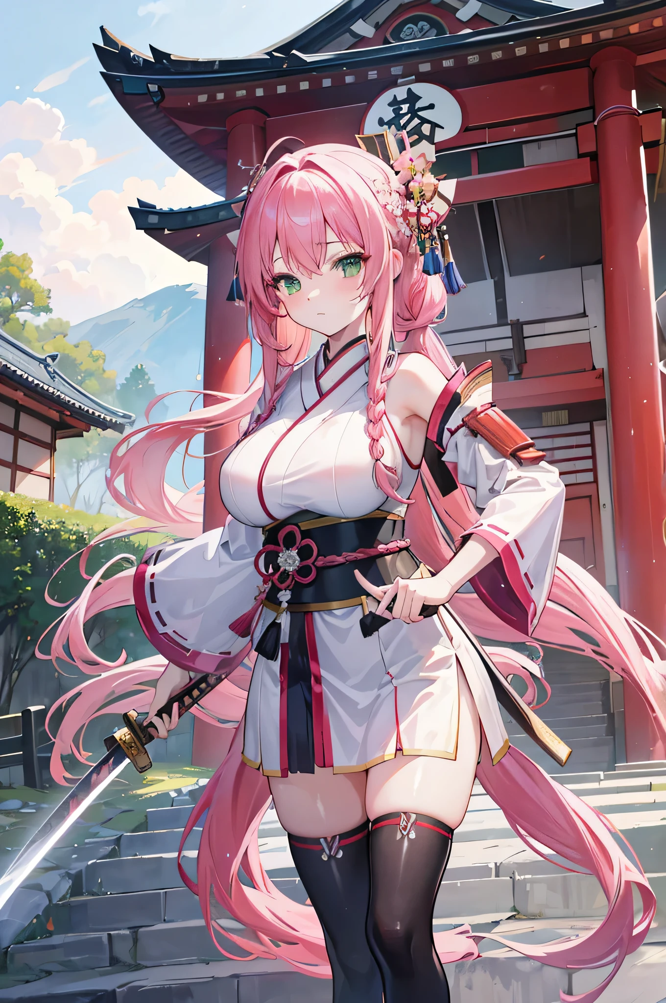 4k,High resolution,One Woman,Pink Hair,long hair,Braid,Green Eyes,Big Breasts,Shrine maiden,White Shrine maiden outfit,Detachable sleeve,White samurai armor,Full Armor,Heavy Armor,Black fishnet stockings,Jewelry decoration,Big Japan sword,Medieval village