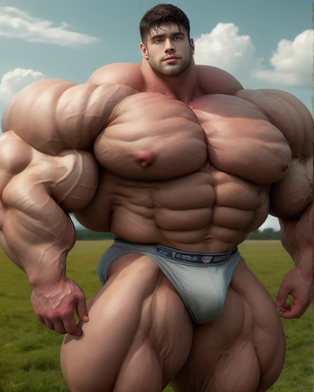 1 man, giant, buzz haircut, model shoot style, looking at camera, standing up, cool ambiance, outdoor, commercial photoshoot, large dry meadows, strong body, bulk, naked, grey triangular wet underwear, prominent bulge trunks, big, brutalmass, giant, muscular body, bulk, massive body, large meaty body size, brown skin, huge arms, ballooning meaty chests