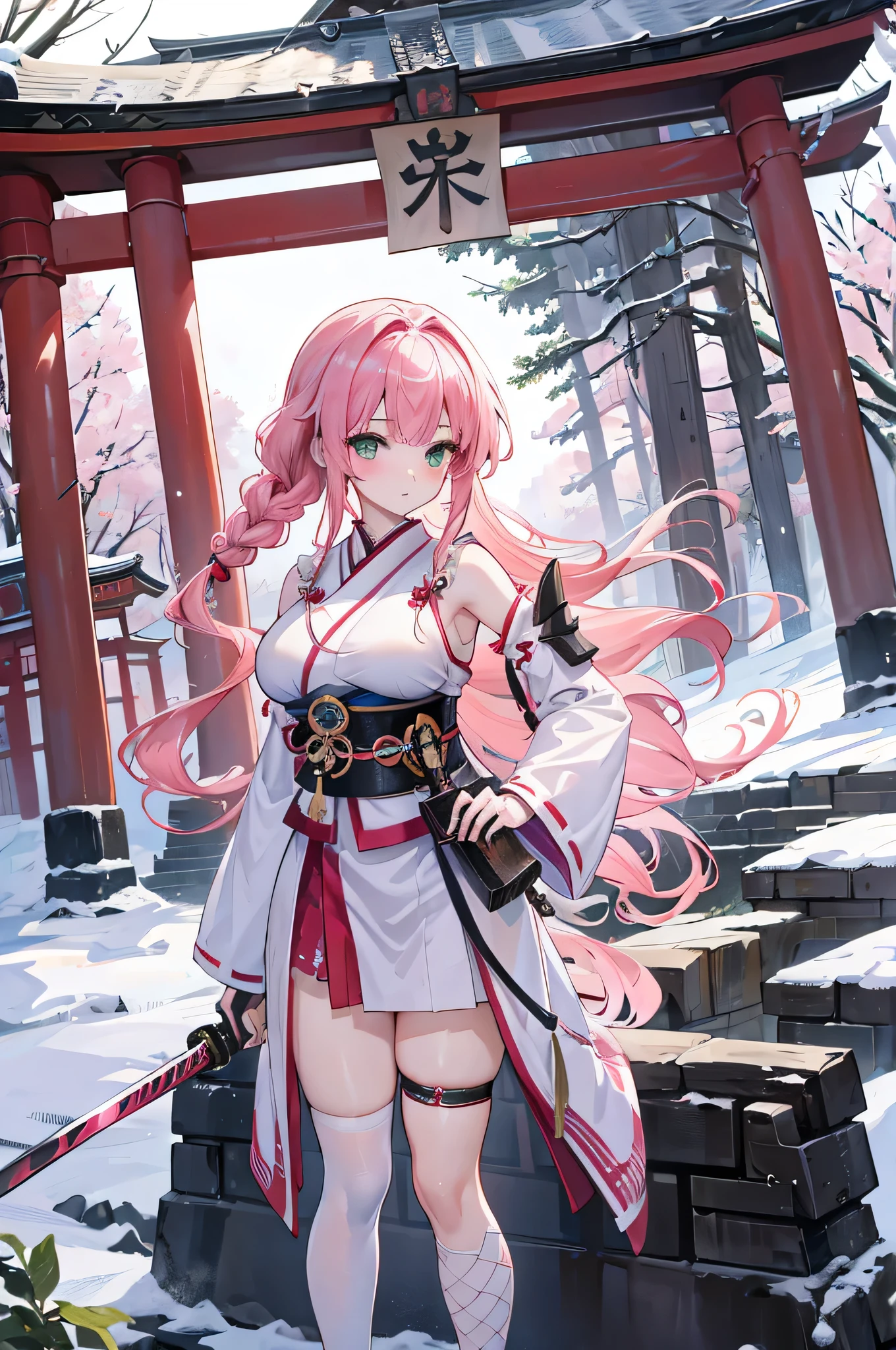 4k,High resolution,One Woman,Pink Hair,long hair,Braid,Green Eyes,Big Breasts,Shrine maiden,White Shrine maiden outfit,Detachable sleeve,White samurai armor,Full Armor,Heavy Armor,Black fishnet stockings,Jewelry decoration,Big Japan sword,Medieval village