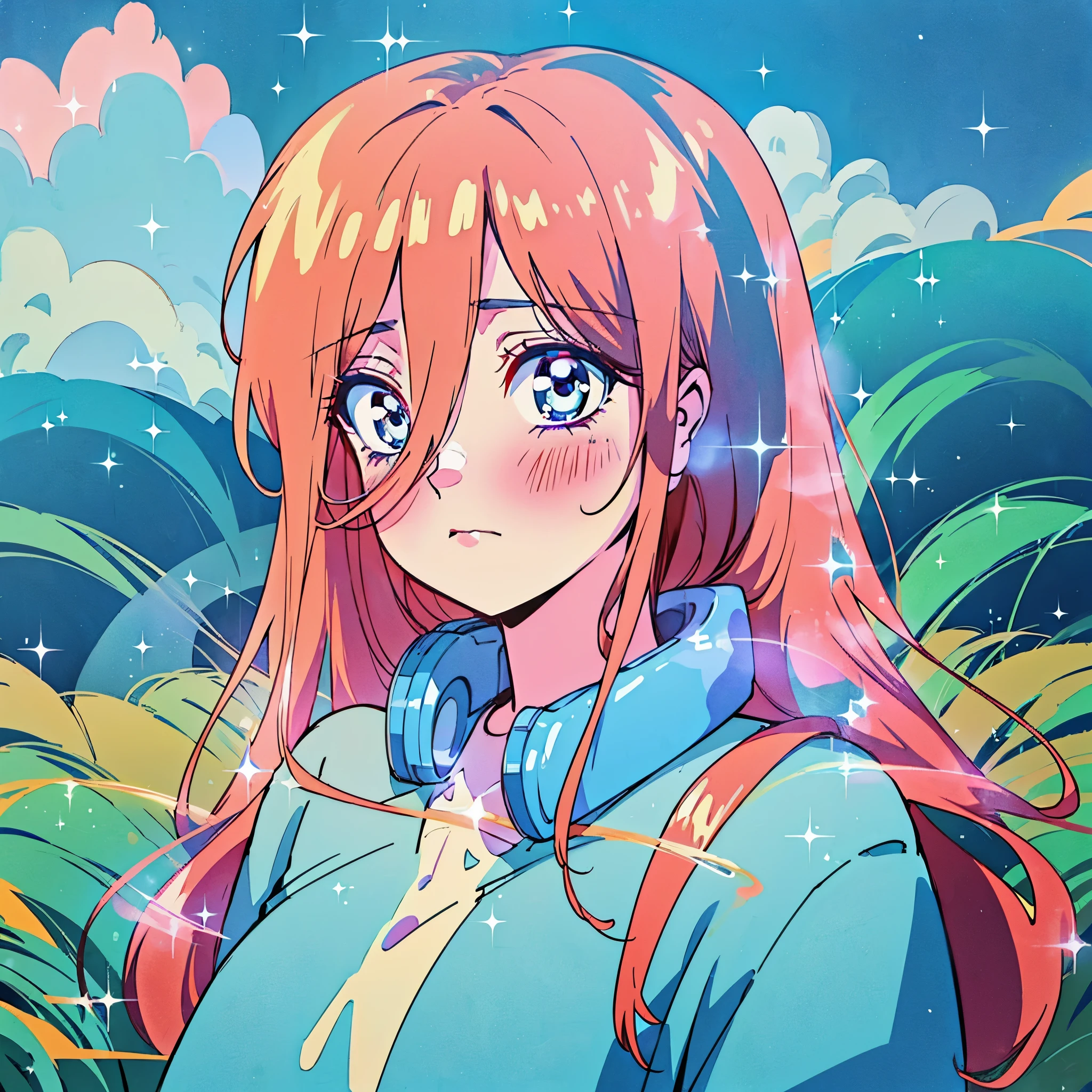 Miku nakano, blue eyes, fluffy brown red hair, nakano_miku, higher quality, soft vivid colours, dreamy nebula, fairy core, lovely, splendid, delicacy, pearly dim light, 4k, extremely detailed, sparkling eyes, perfect face, soft smile, sweet face, lovely, l、watercolor paiting, Ultra Detail, , soft pastel colours, diffused dreamy light, pearly nebula, Heart, iridescent, cute, crystal, blue sky, iridescent clouds, pastels, dark starry sky,