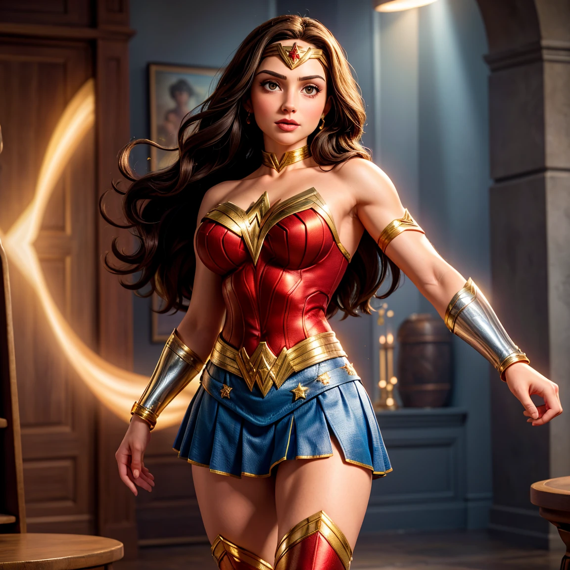 UHD, masterpiece, ccurate, anatomically correct, super detail, high details, high quality, best quality, 8k, highres. The heroine Wonder Woman looks beautiful in a full-length photo. Brown eyes and long black hair transform her into a goddess of beauty. Wonder Woman's outfit consists of a red, blue, and gold costume. The costume includes a red top with gold details, a blue star-spangled skirt, red boots with gold details, gold bracelets, a gold belt, and a tiara with a red star. She looks very sexy, drawing attention to her big breasts and muscular body.