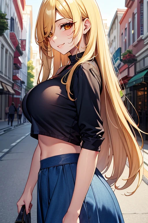 ((In the style of a hentai)), (Masterpiece, Best quality), (( intricate Face, bright eyes )), BREAK, brown eyes, blond hair, long hair, wavy hair, thick hair, hair over one eye, BREAK, red shirt, blue skirt, big breasts, evil grin, BREAK, cityscape background