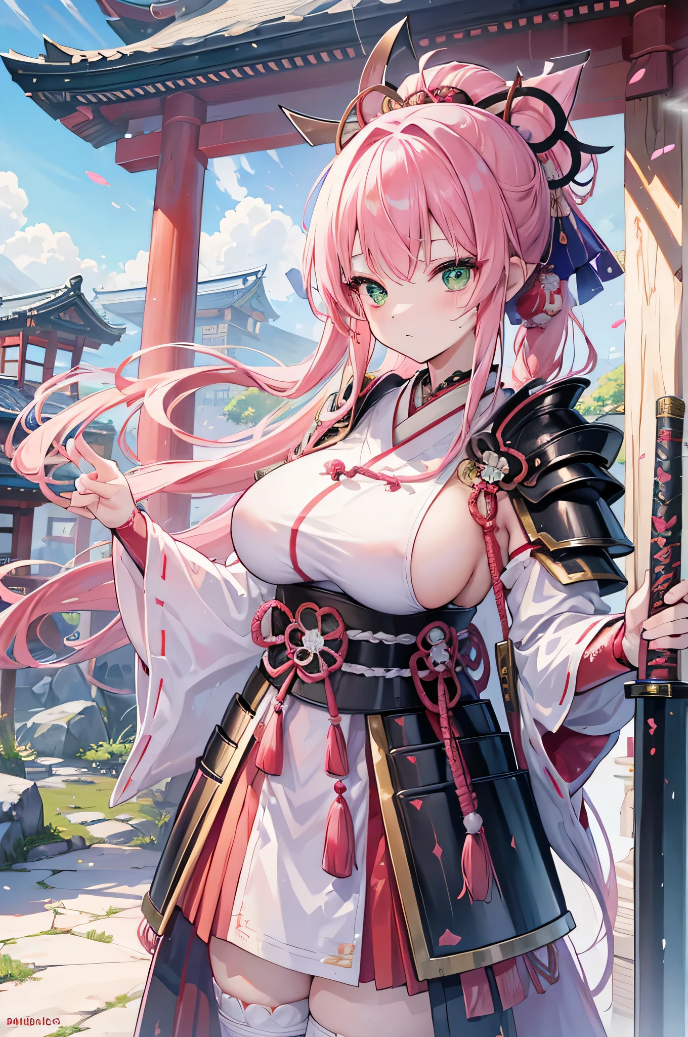 4k,High resolution,One Woman,Pink Hair,long hair,Braid,Green Eyes,Big Breasts,Shrine maiden,White Shrine maiden outfit,Detachable sleeve,White samurai armor,Full Armor,Heavy Armor,Black fishnet stockings,Jewelry decoration,Big Japan sword,Medieval village
