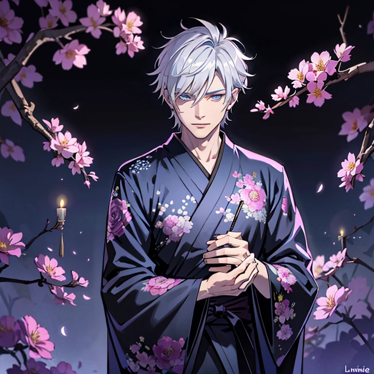 Homme, silver hair, yeux bleus, cigarette, kimono noir, cerisiers en fleurs, nuit, lune