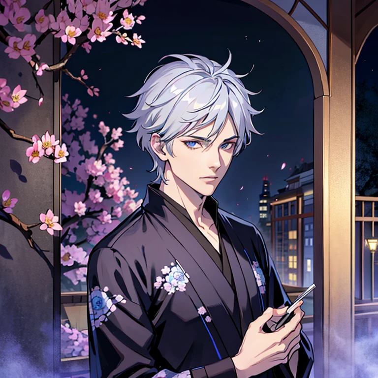 Homme, silver hair, yeux bleus, cigarette, kimono noir, cerisiers en fleurs, nuit, lune