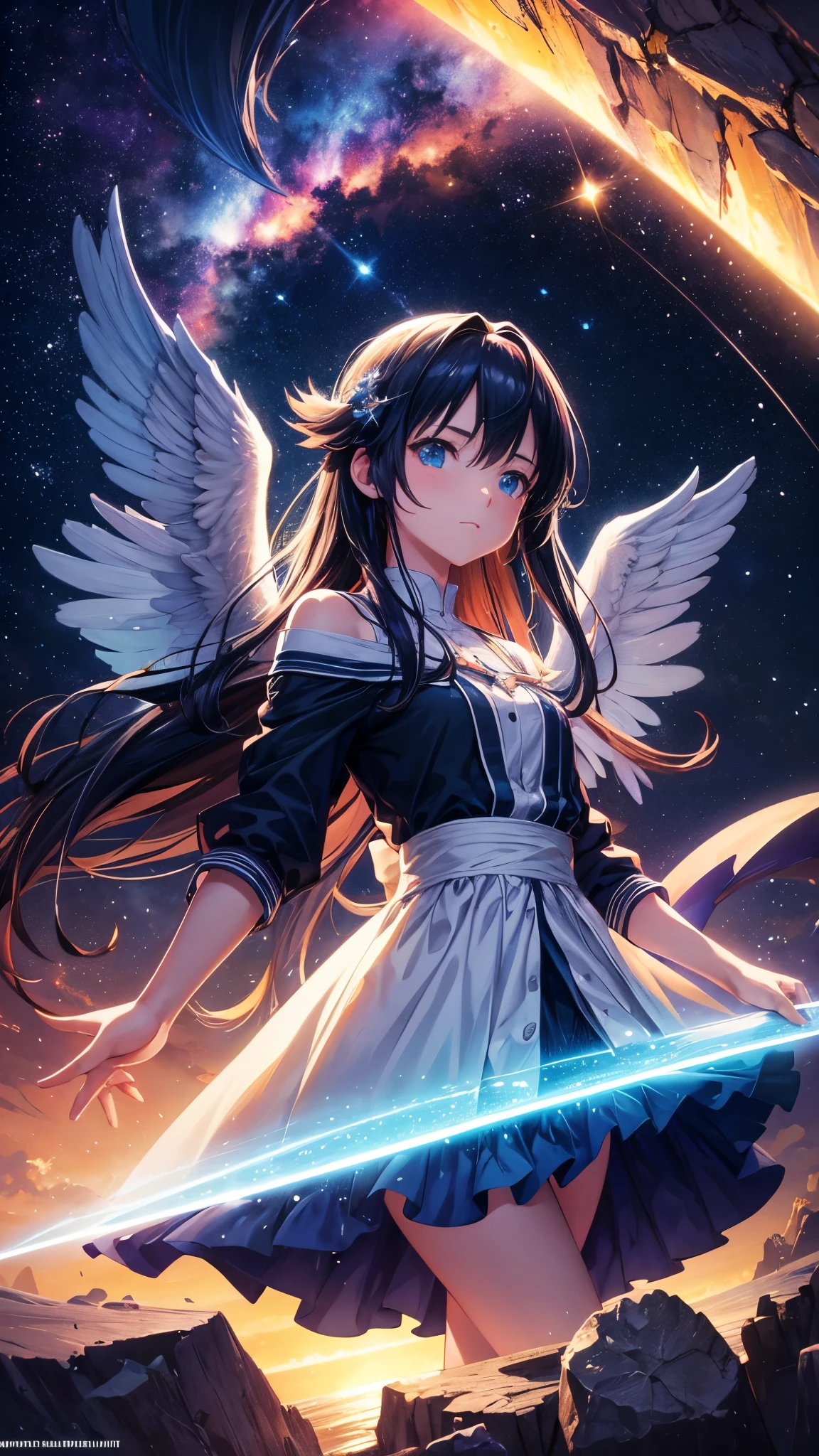 One girl、On the wings of light、Light wings glow on a dark background、contrast of darkness and light、(((masterpiece))), (best quality), (ultra detail), (very_high_resolution), (large_filesize), (full color)、Line art、neon、front、Magical girl