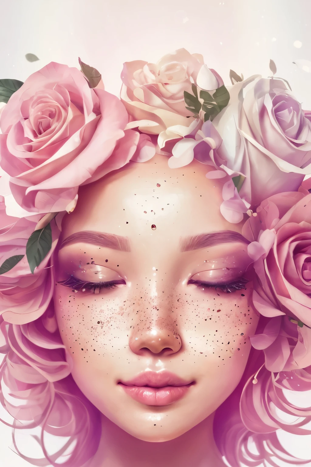 (This is a beautiful rainbow fantasy image that feels interesting and emphasizes glitter and iridescence.) Generate a ((blind)) curvy woman with colorful curly hair and milky white eyes. Her face is important and is perfectly formed with puffy lips and perfect features. (Her eyes are critically important and are (blank) and (solid white)). The image exudes ethereal beauty and soft fantasy. Include sweet and detailed birds and soft, luminous flowers in all the colors of the rainbow. The image's background is decorated in shades of pink, shimmer, glitter, and fantasy details like colored bubbles and cosmos. Utilize dynamic composition to create a compelling and action-packed image. Dramatic lighting and cinematic lighting enhance the woman's beauty and the soft colors in the artwork. (((((Perspective: head on.))))) Include fantasy, cute, colorful, colourful, interesting magic background, ((((blank eyes)))), ((((empty white eyes)))), (shirome eyes:1.3), (smirking), (perfectly rendered solid whiteeyes), ((birthmark on lip)), ((pretty lips)), beautiful background, complex background, sweet background, (((rainbow))), subtle freckles, natural freckles, Surround her with eternal roses in shimmering shades. Add whimsical details like stars, bubbles, and glitter for an enchanting touch. Ensure perfection in her face, hair, and eyes. Incorporate elements of high fantasy, whimsy, and detailed elegance. English rose, princess, courtesan, noblewoman, sweet, lovely, calm, lovely, shimmering, glimmering, glittering, astrological fantasy, (((masterpiece))), (highest quality), magic rose, fantasy garden, beautiful face, perfect face, puffy lips, interesting, shy smile, fantasy elements, magic rose, beautiful eyes, perfect puffy lips, jewel tones, luminosity
