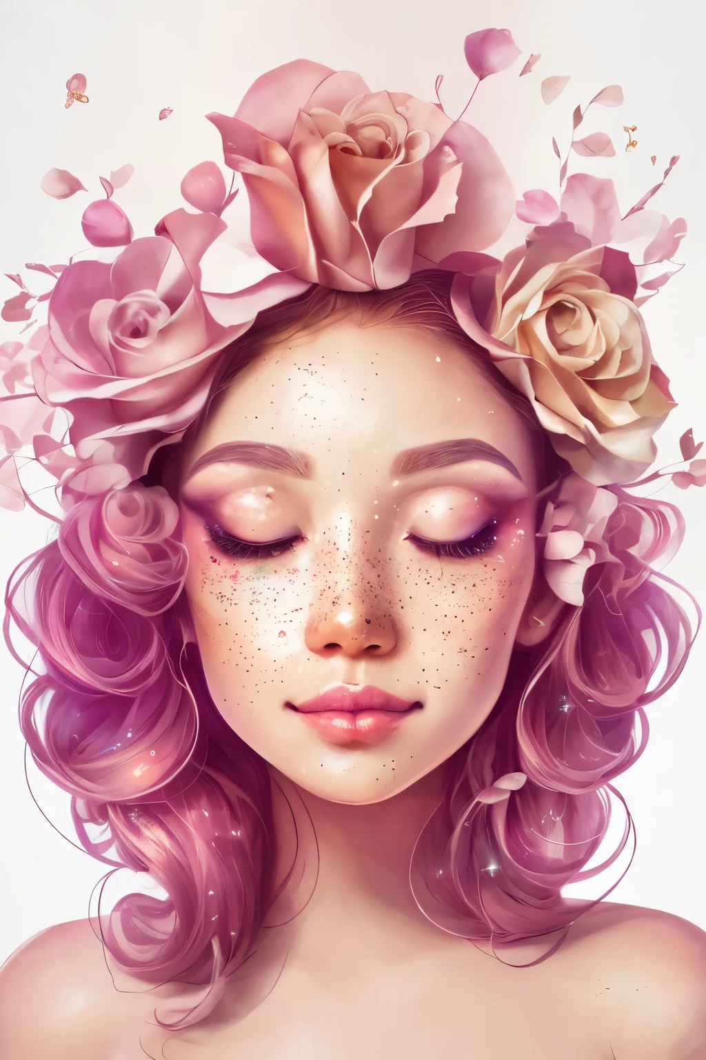 (This is a beautiful rainbow fantasy image that feels interesting and emphasizes glitter and iridescence.) Generate a ((blind)) curvy woman with colorful curly hair and milky white eyes. Her face is important and is perfectly formed with puffy lips and perfect features. (Her eyes are critically important and are (blank) and (solid white)). The image exudes ethereal beauty and soft fantasy. Include sweet and detailed birds and soft, luminous flowers in all the colors of the rainbow. The image's background is decorated in shades of pink, shimmer, glitter, and fantasy details like colored bubbles and cosmos. Utilize dynamic composition to create a compelling and action-packed image. Dramatic lighting and cinematic lighting enhance the woman's beauty and the soft colors in the artwork. (((((Perspective: head on.))))) Include fantasy, cute, colorful, colourful, interesting magic background, ((((blank eyes)))), ((((empty white eyes)))), (shirome eyes:1.3), (smirking), (perfectly rendered solid whiteeyes), ((birthmark on lip)), ((pretty lips)), beautiful background, complex background, sweet background, (((rainbow))), subtle freckles, natural freckles, Surround her with eternal roses in shimmering shades. Add whimsical details like stars, bubbles, and glitter for an enchanting touch. Ensure perfection in her face, hair, and eyes. Incorporate elements of high fantasy, whimsy, and detailed elegance. English rose, princess, courtesan, noblewoman, sweet, lovely, calm, lovely, shimmering, glimmering, glittering, astrological fantasy, (((masterpiece))), (highest quality), magic rose, fantasy garden, beautiful face, perfect face, puffy lips, interesting, shy smile, fantasy elements, magic rose, beautiful eyes, perfect puffy lips, jewel tones, luminosity