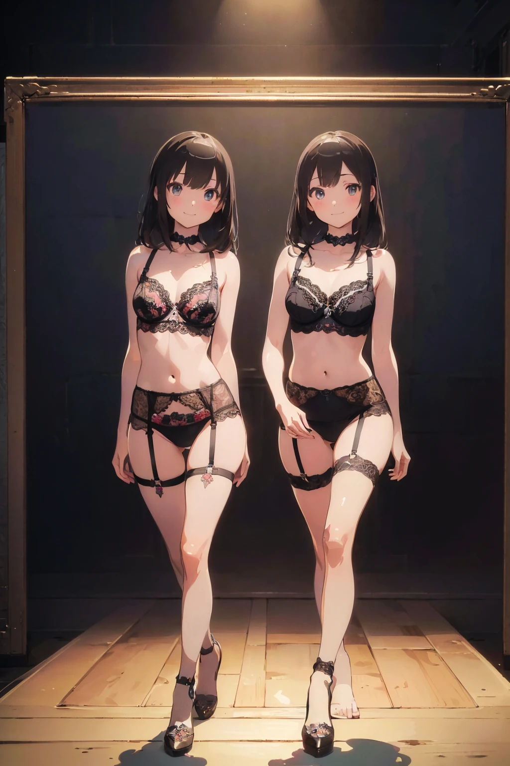 (masterpiece:1.8),(highest quality:1.8),(Very detailed:1.8),(8k:1.8),(Ultra-thin illustration:1.5),Realistic,pretty girl,More than one person,skinny,Small Ass,Random hairstyle,Flat Chest,Small breasts,(Full lace lingerie)(Random Color.design)(Pose with a smile),Applause from the audience,(Lingerie Fashion Week,Runway Walk),Spotlight。Photographer flash