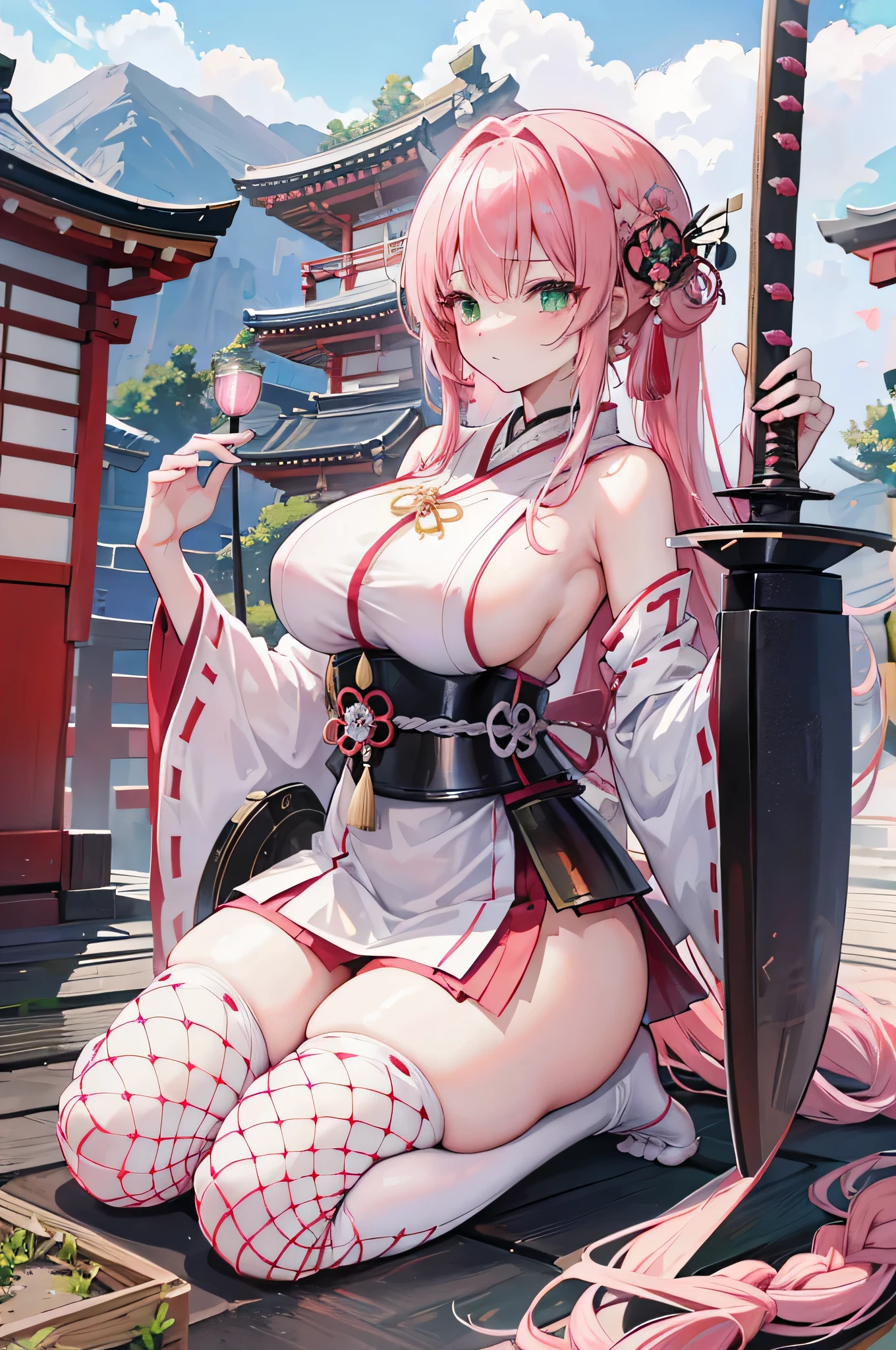 4k,High resolution,One Woman,Pink Hair,long hair,Braid,Green Eyes,Big Breasts,Shrine maiden,White Shrine maiden outfit,Detachable sleeve,White samurai armor,Full Armor,Heavy Armor,Sideboob,Black fishnet stockings,Jewelry decoration,Big Japan sword,Medieval village