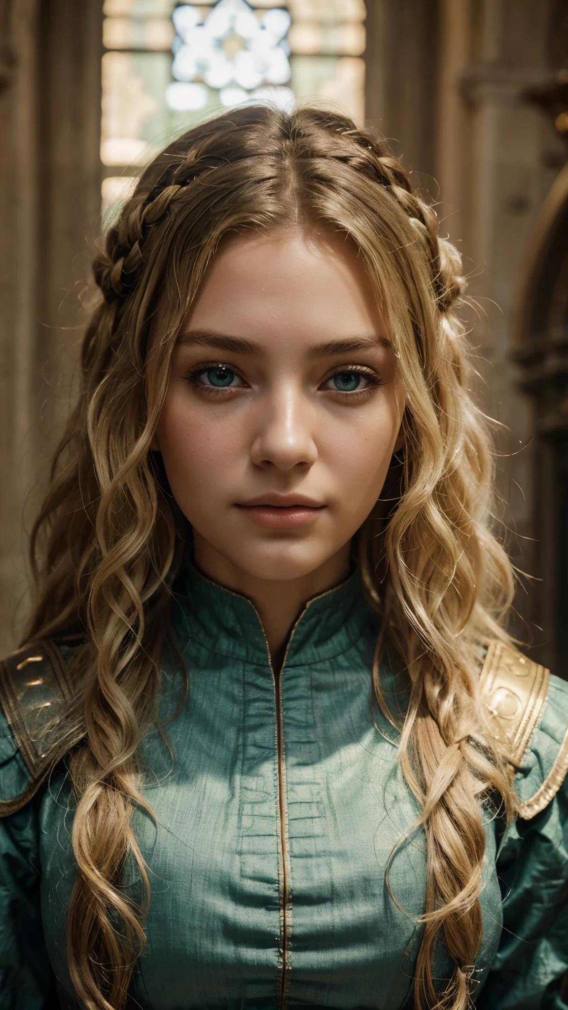 1girl, masterpiece, best quality, 8k, detailed skin texture, detailed cloth texture, beautiful detailed face, intricate details, ultra detailed, a european girl, green eyes, blonde curly hai, 3D character, Medieval Knight