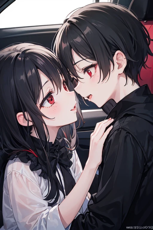 (Little children 4 years old boy and girl kissing on the lips with pleasure face of girl and boy Jet black hair Bright red eyes) (En el carro)