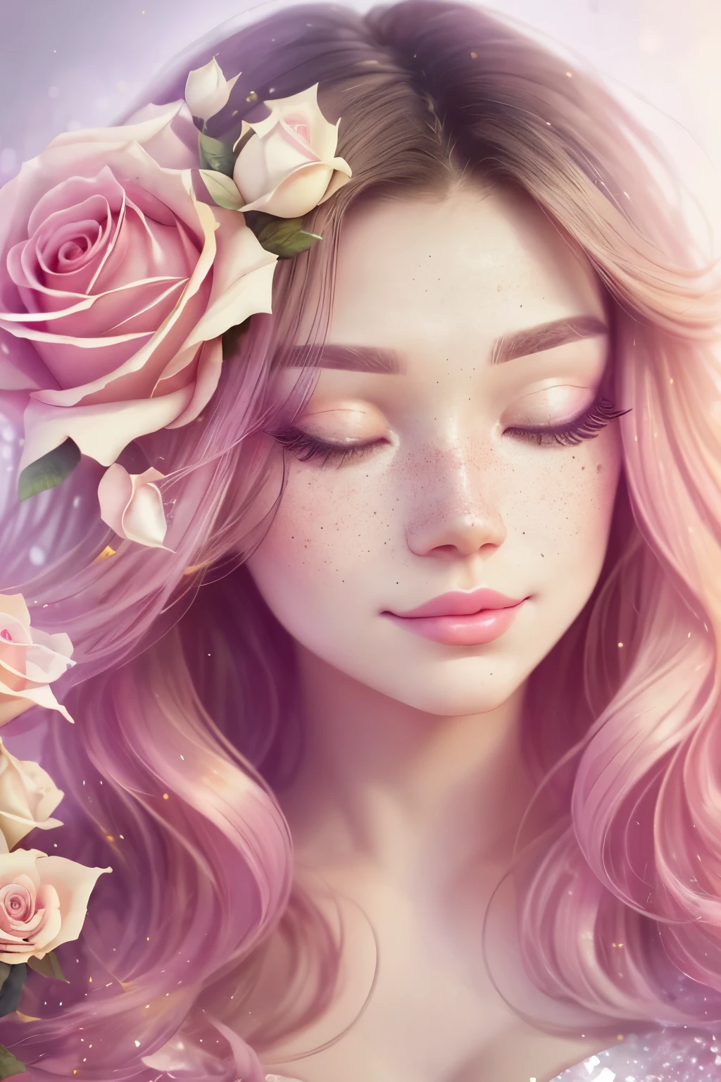 (This is a beautiful rainbow fantasy image that feels interesting and emphasizes glitter and iridescence.) Generate a ((blind)) curvy woman with colorful curly hair and milky white eyes. Her face is important and is perfectly formed with puffy lips and perfect features. (Her eyes are critically important and are (blank) and (solid white)). The image exudes ethereal beauty and soft fantasy. Include sweet and detailed birds and soft, luminous flowers in all the colors of the rainbow. The image's background is decorated in shades of pink, shimmer, glitter, and fantasy details like colored bubbles and cosmos. Utilize dynamic composition to create a compelling and action-packed image. Dramatic lighting and cinematic lighting enhance the woman's beauty and the soft colors in the artwork. (((((Perspective: head on.))))) Include fantasy, cute, colorful, colourful, interesting magic background, ((((blank eyes)))), ((((empty white eyes)))), (shirome eyes:1.3), (smirking), (perfectly rendered solid whiteeyes), ((birthmark on lip)), ((pretty lips)), beautiful background, complex background, sweet background, (((rainbow))), subtle freckles, natural freckles, Surround her with eternal roses in shimmering shades. Add whimsical details like stars, bubbles, and glitter for an enchanting touch. Ensure perfection in her face, hair, and eyes. Incorporate elements of high fantasy, whimsy, and detailed elegance. English rose, princess, courtesan, noblewoman, sweet, lovely, calm, lovely, shimmering, glimmering, glittering, astrological fantasy, (((masterpiece))), (highest quality), magic rose, fantasy garden, beautiful face, perfect face, puffy lips, interesting, shy smile, fantasy elements, magic rose, beautiful eyes, perfect puffy lips, jewel tones, luminosity
